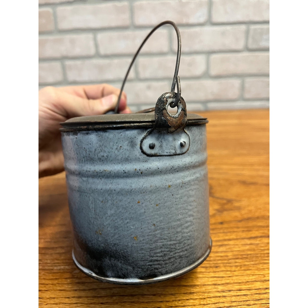 Antique Primitive Gray Enamel Graniteware Lidded Berry Bucket / Berry Pail / Farmhouse Decor/ Miniature