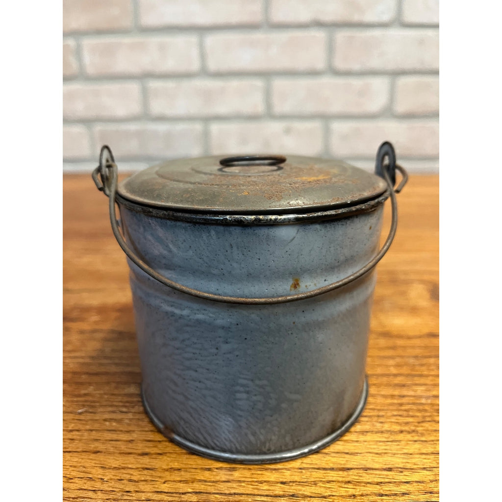 Antique Primitive Gray Enamel Graniteware Lidded Berry Bucket / Berry Pail / Farmhouse Decor/ Miniature