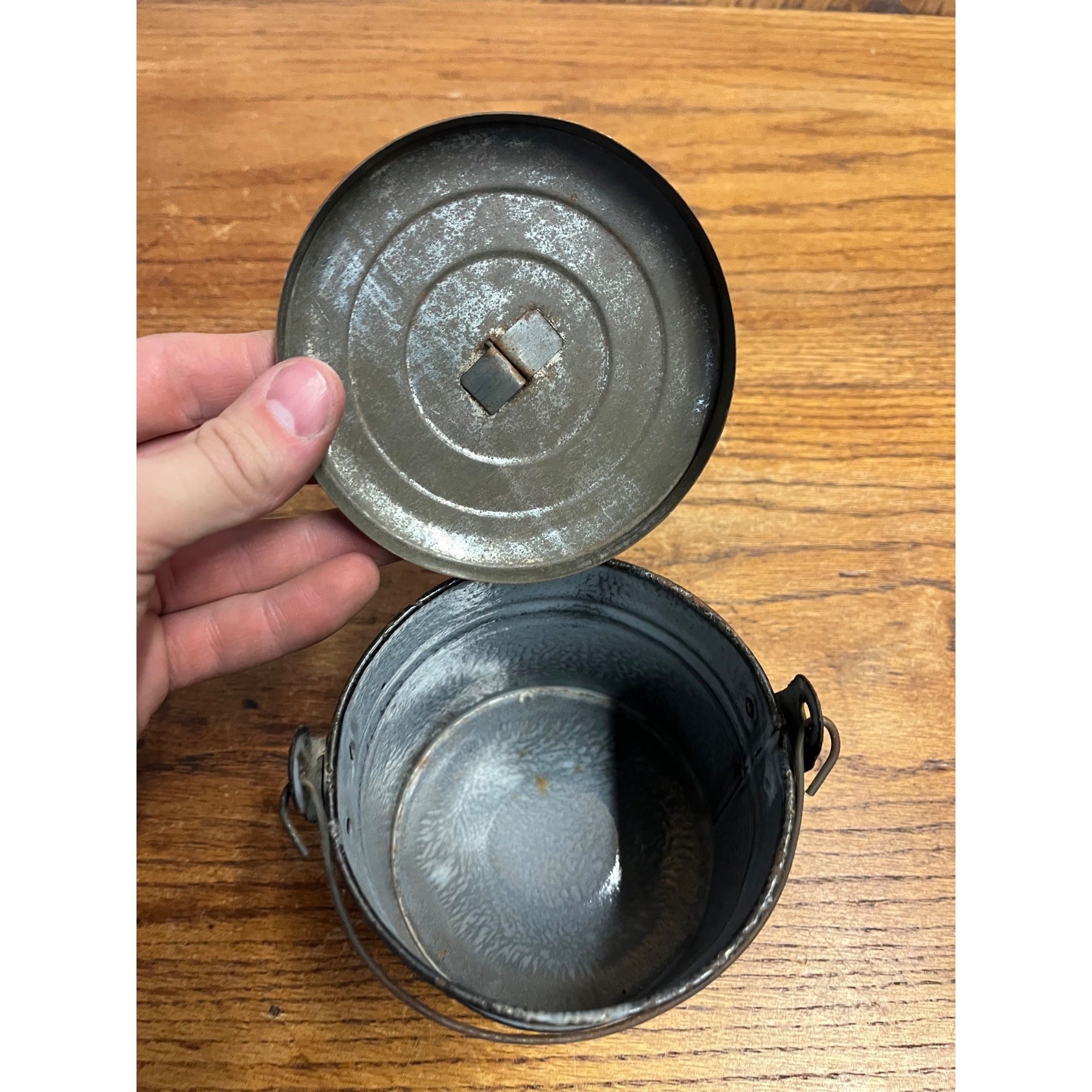 Antique Primitive Gray Enamel Graniteware Lidded Berry Bucket / Berry Pail / Farmhouse Decor/ Miniature