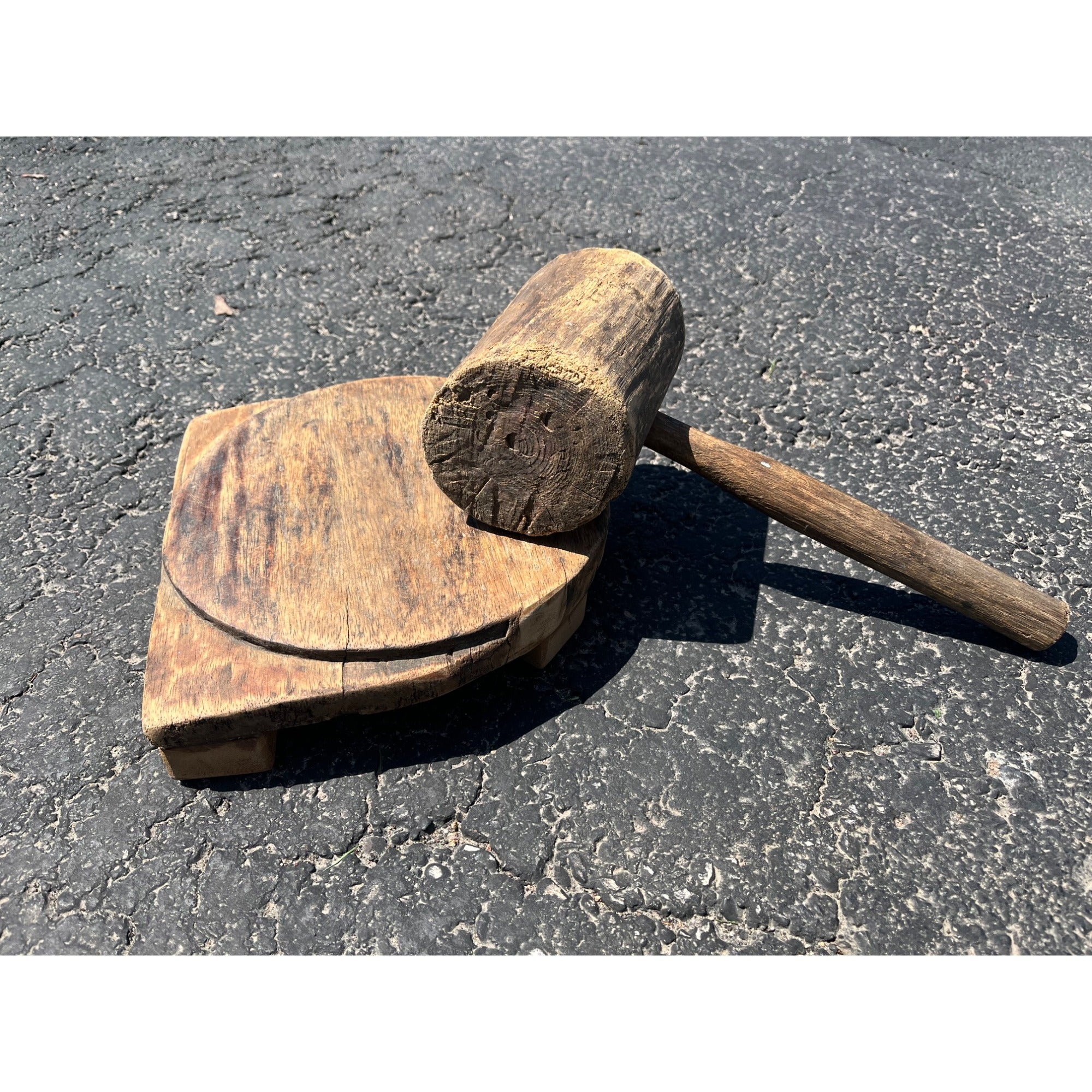 Antique Primitive 1800s Wooden Butcher Block Cutting Board w/ Wood Mallet OOAK