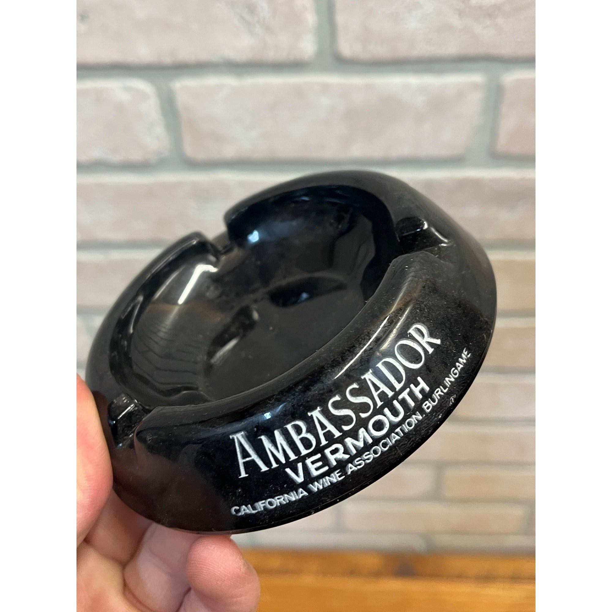Vintage Aristocrat Brandy Ambassador Vermouth Black Glass Advertising Ashtray