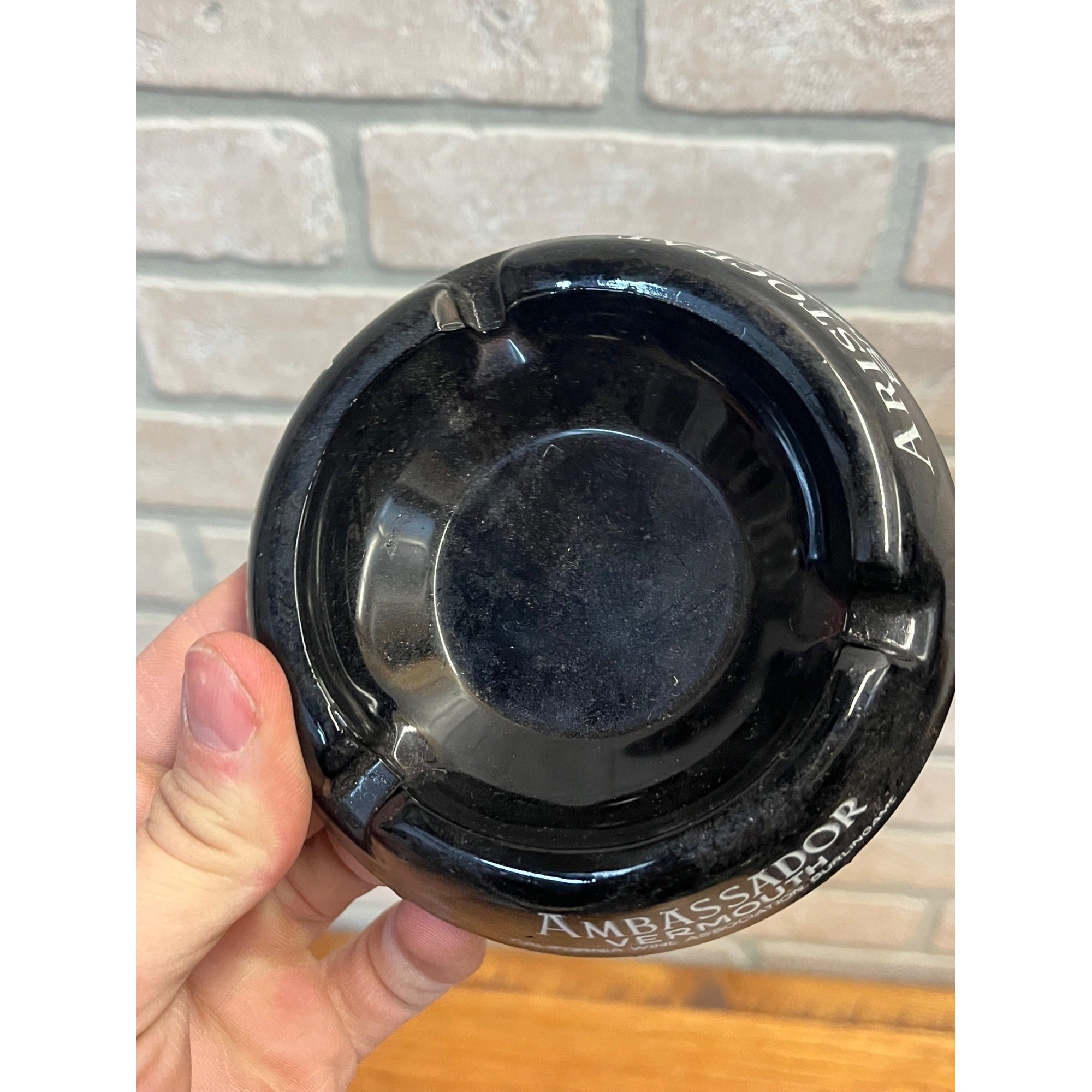 Vintage Aristocrat Brandy Ambassador Vermouth Black Glass Advertising Ashtray