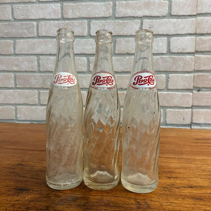 (3) 1960s 10oz Pepsi Cola Pepsi Twist Soda Bottles ACL Soda Pop