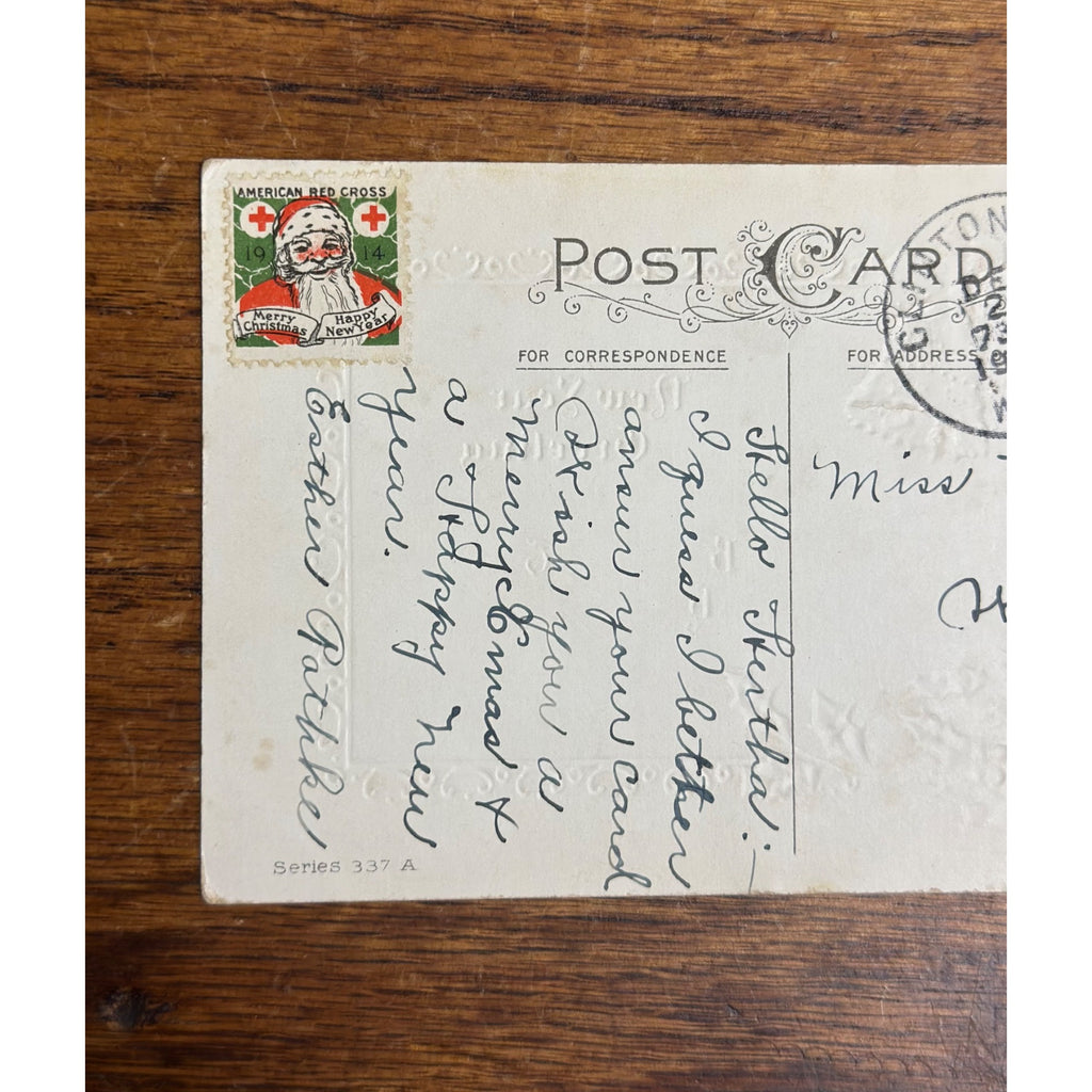 Vintage 1914 Christmas Postcard w/ Christmas Seal Tied American Red Cross