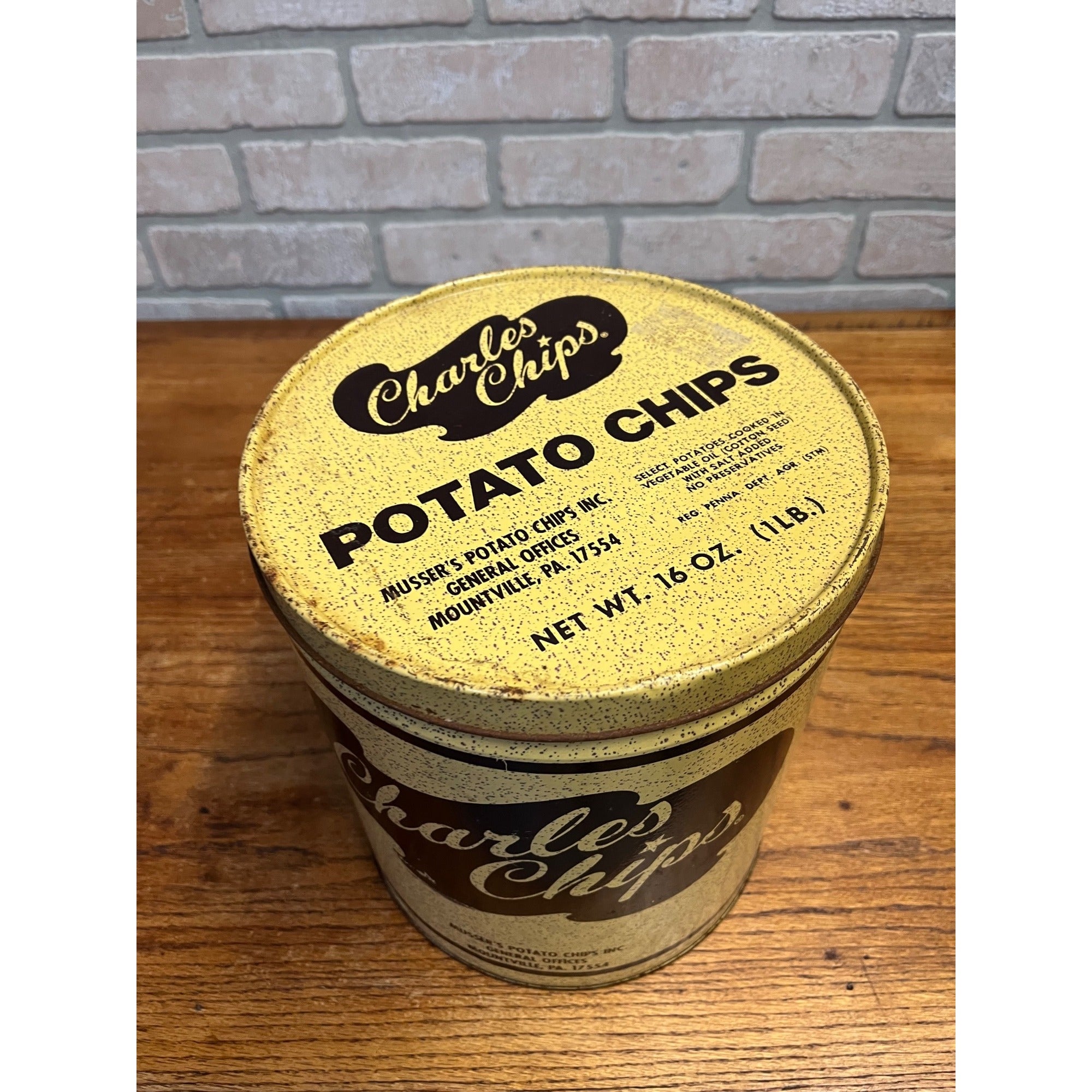 Vintage Charles Chips Potato Chip Tin Can Musser's Mountville PA Kitchen Decor