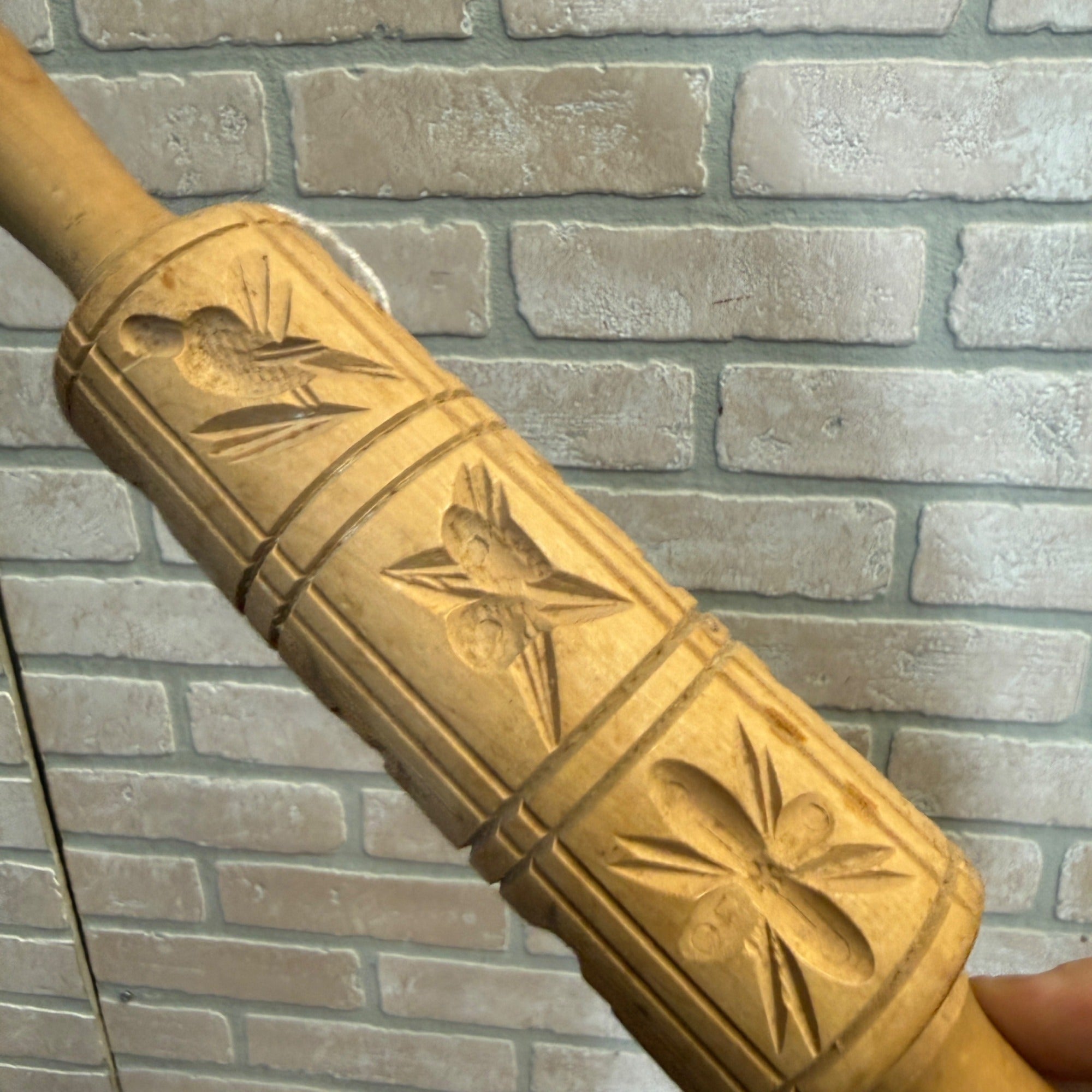 Antique Wooden Dough Mold Rolling Pin  Primitive Farmhouse Tool 1900s