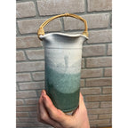 Vintage Jeff Chang Pottery Hawaii Signed scalloped Straw Handle Pattern Art Vase