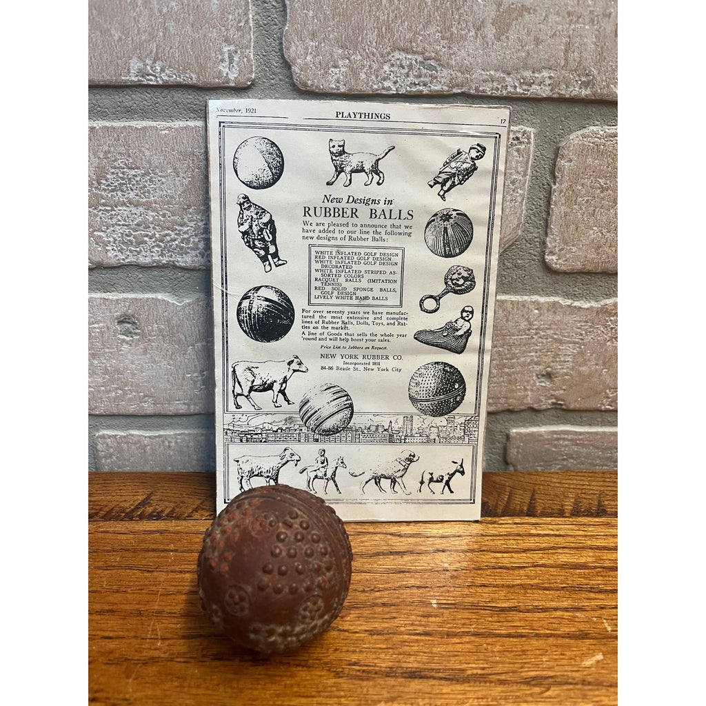 Vintage 1920s New York Rubber Co. Hard Rubber Cat Toy Ball w/ Advertisement