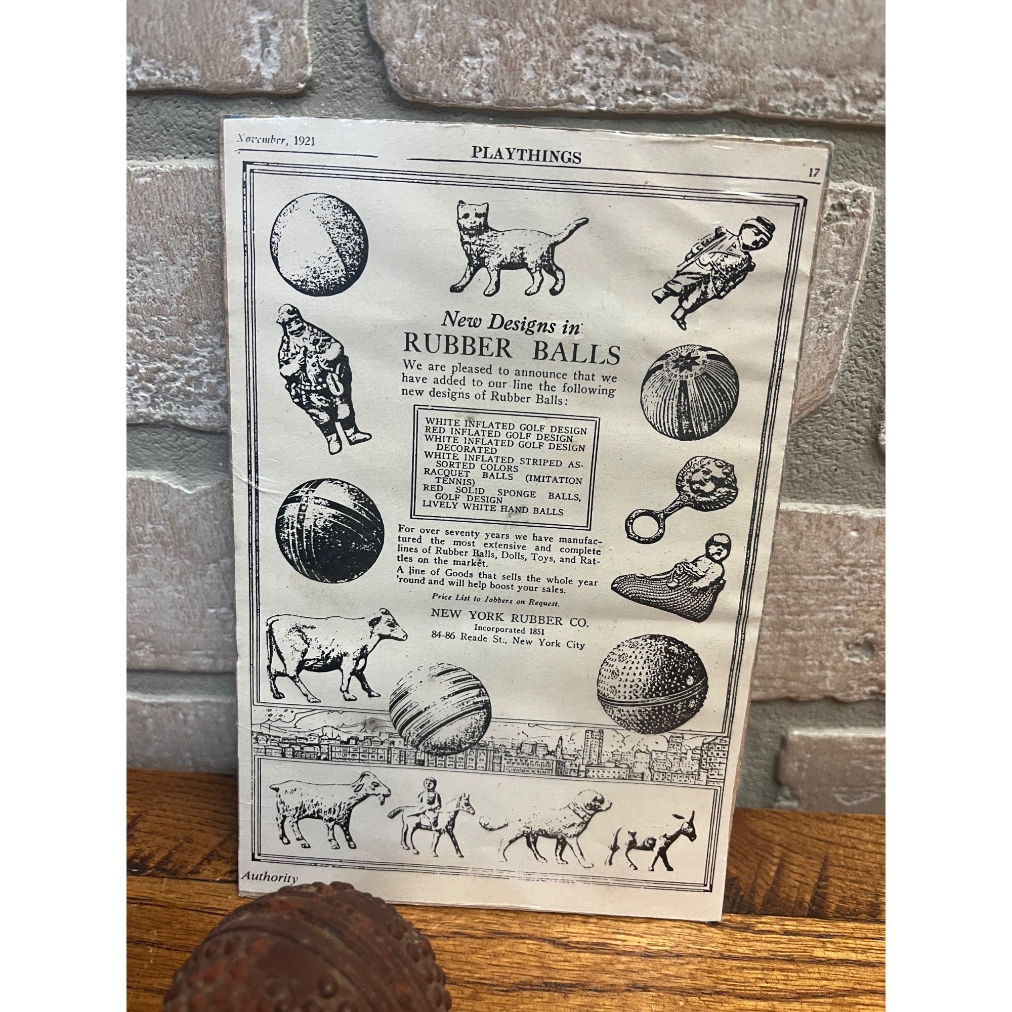 Vintage 1920s New York Rubber Co. Hard Rubber Cat Toy Ball w/ Advertisement