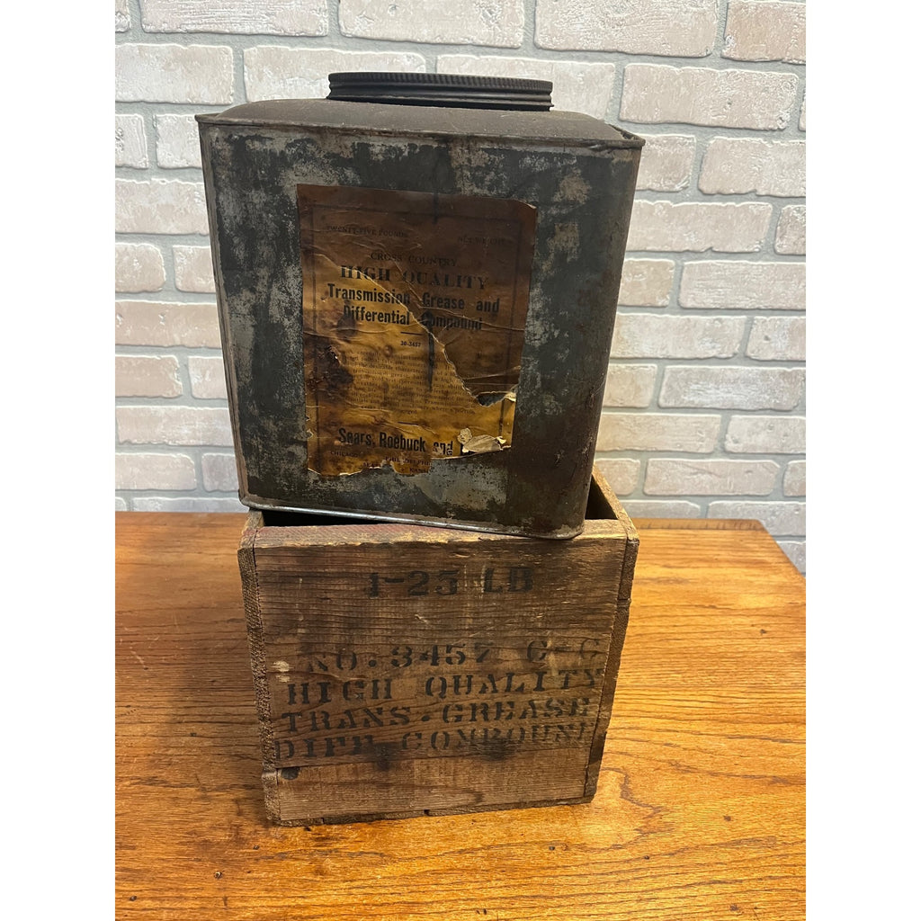 Vintage 1920s Sears Roebuck Co. Tin Grease Oil Can in Original Wood Crate