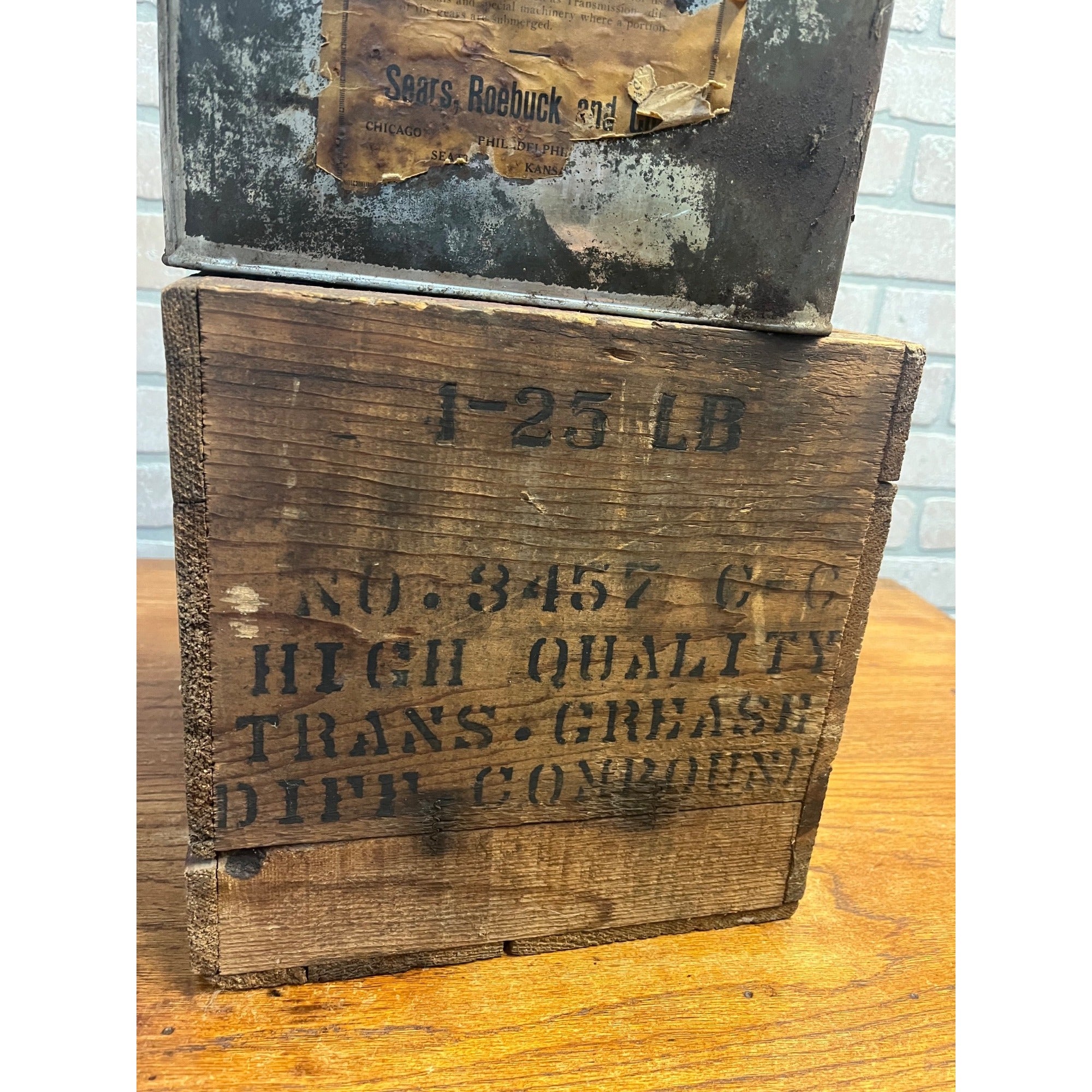 Vintage 1920s Sears Roebuck Co. Tin Grease Oil Can in Original Wood Crate