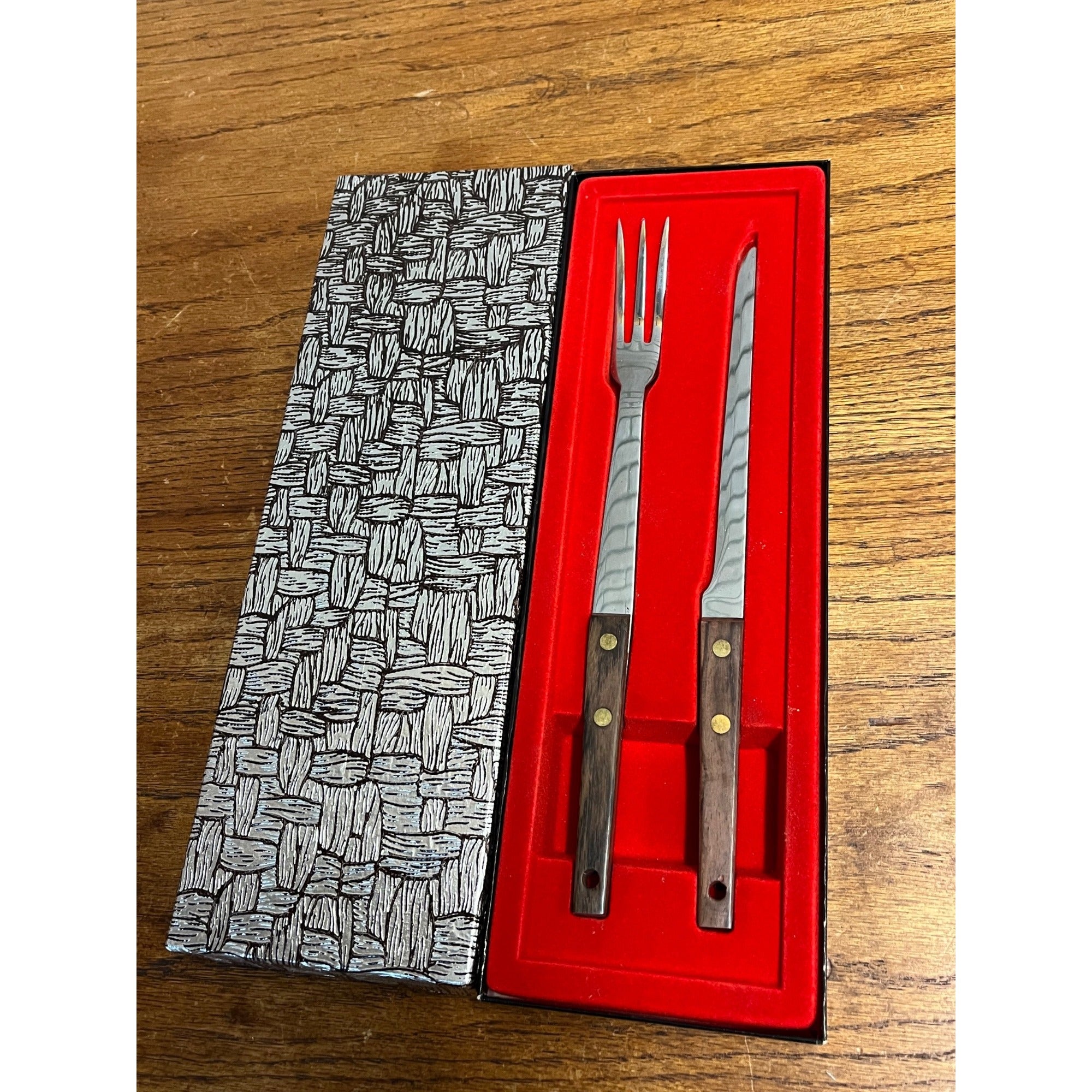 Vintage Vernco Knife And Fork 2pc Set Teak Wood Japan Meat Carving Set