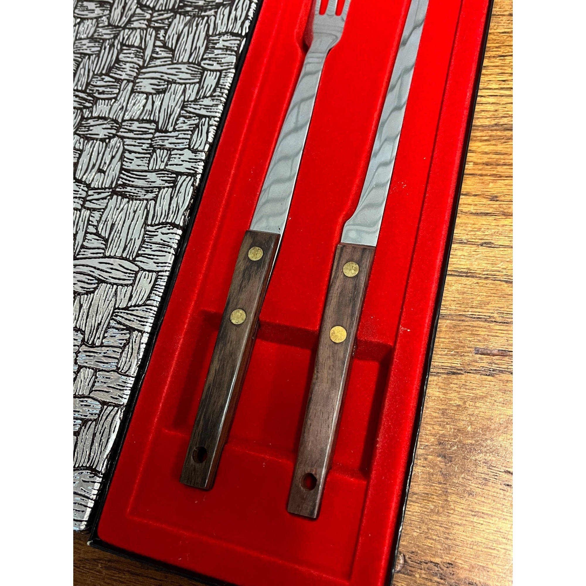 Vintage Vernco Knife And Fork 2pc Set Teak Wood Japan Meat Carving Set