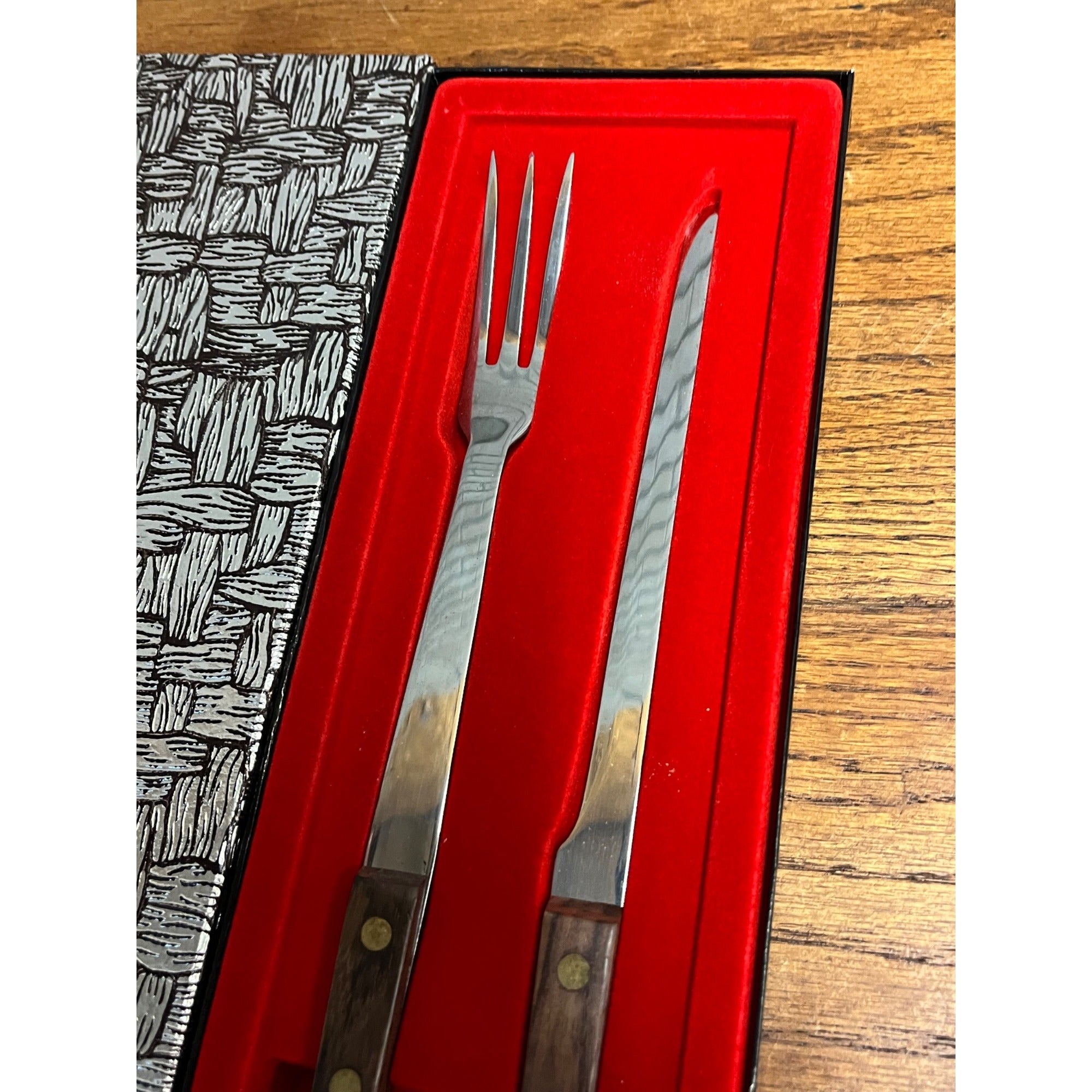 Vintage Vernco Knife And Fork 2pc Set Teak Wood Japan Meat Carving Set