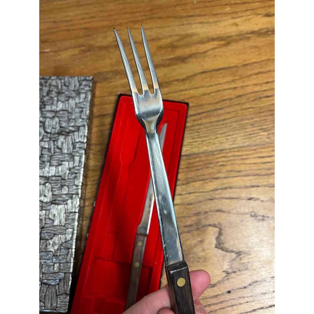 Vintage Vernco Knife And Fork 2pc Set Teak Wood Japan Meat Carving Set