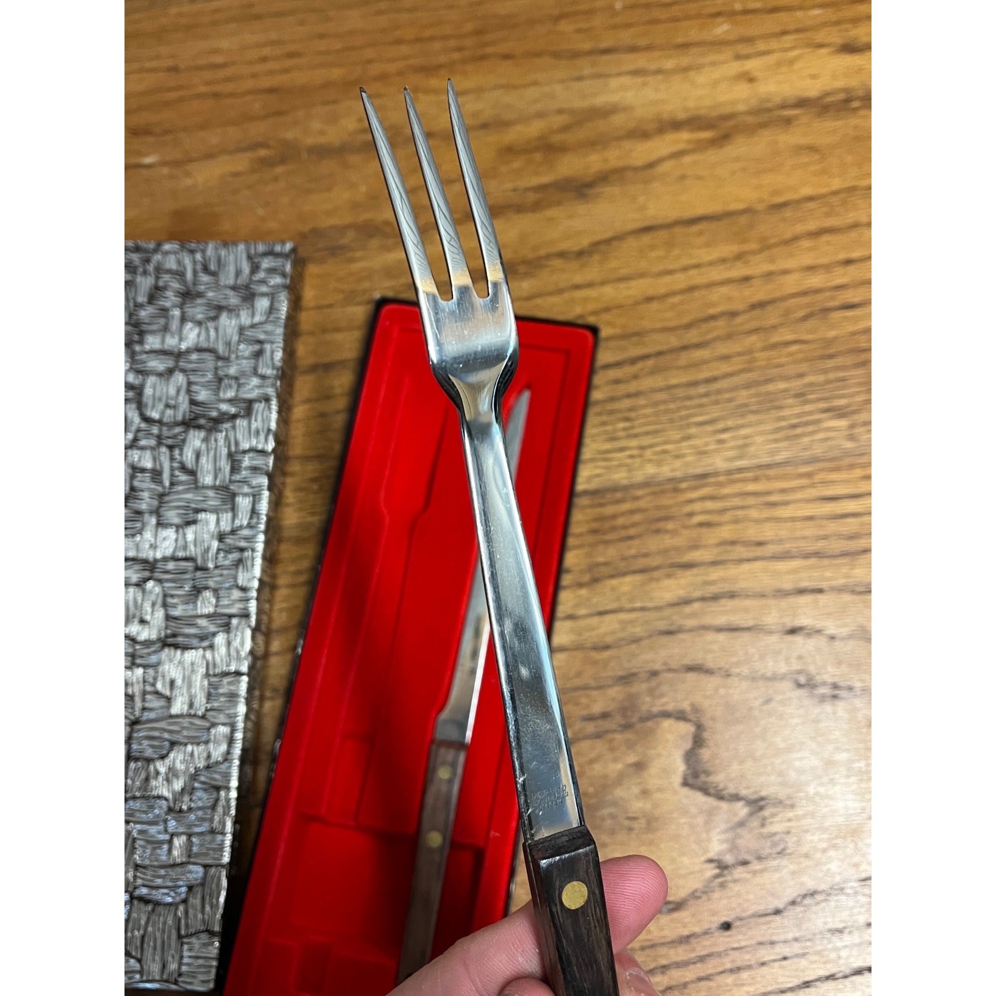 Vintage Vernco Knife And Fork 2pc Set Teak Wood Japan Meat Carving Set