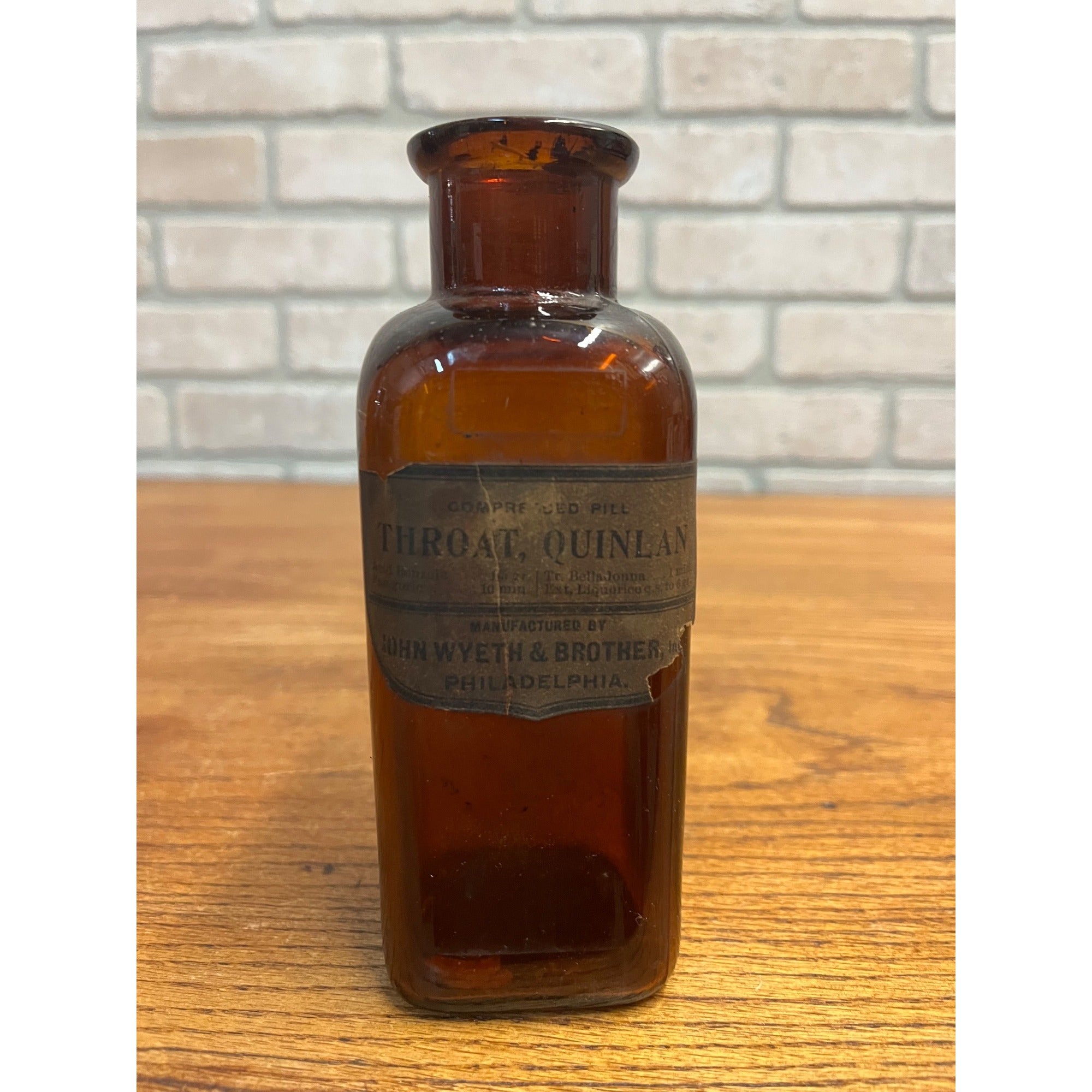Antique John Wyeth Throat, Quinlan Label Medicine Apothecary Amber Glass Bottle