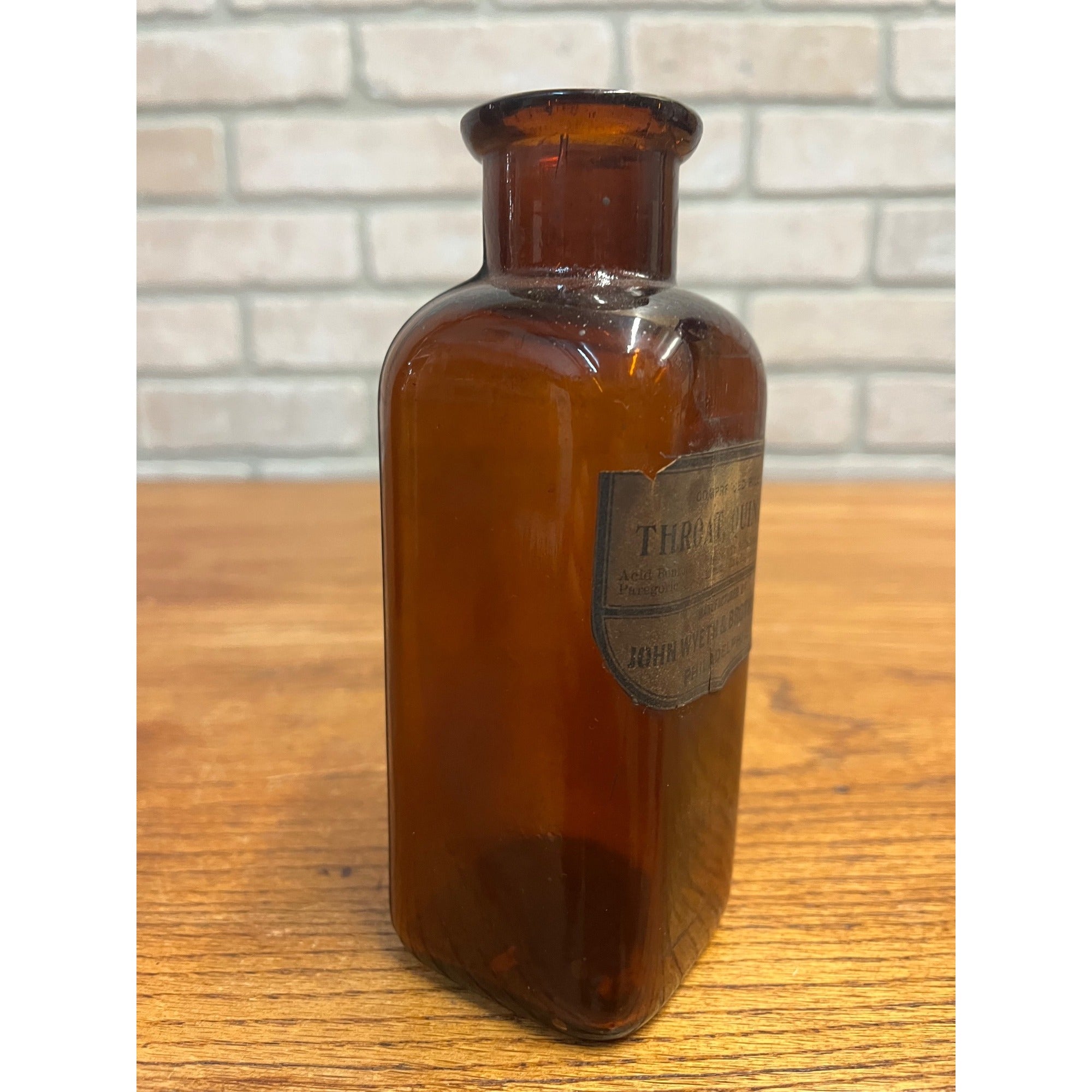 Antique John Wyeth Throat, Quinlan Label Medicine Apothecary Amber Glass Bottle