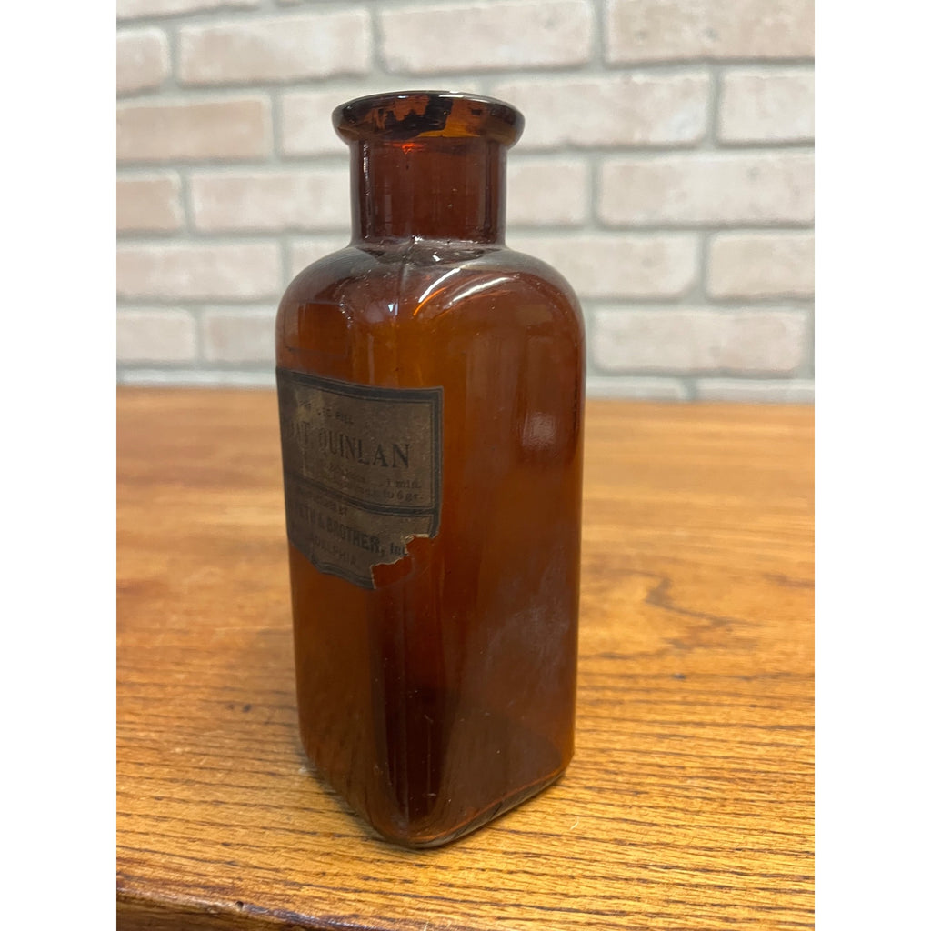 Antique John Wyeth Throat, Quinlan Label Medicine Apothecary Amber Glass Bottle