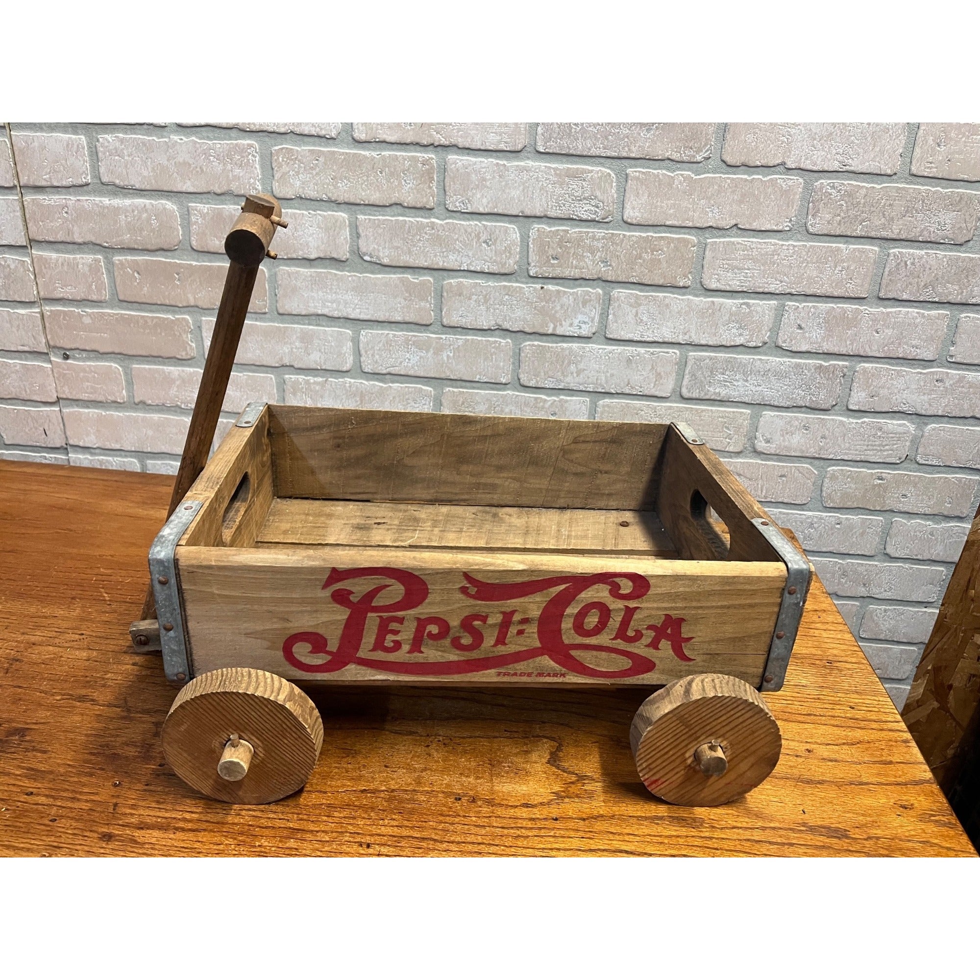Vintage Pepsi Cola Wooden Wagon Advertising Pull Toy Store Display Red Logo Cart