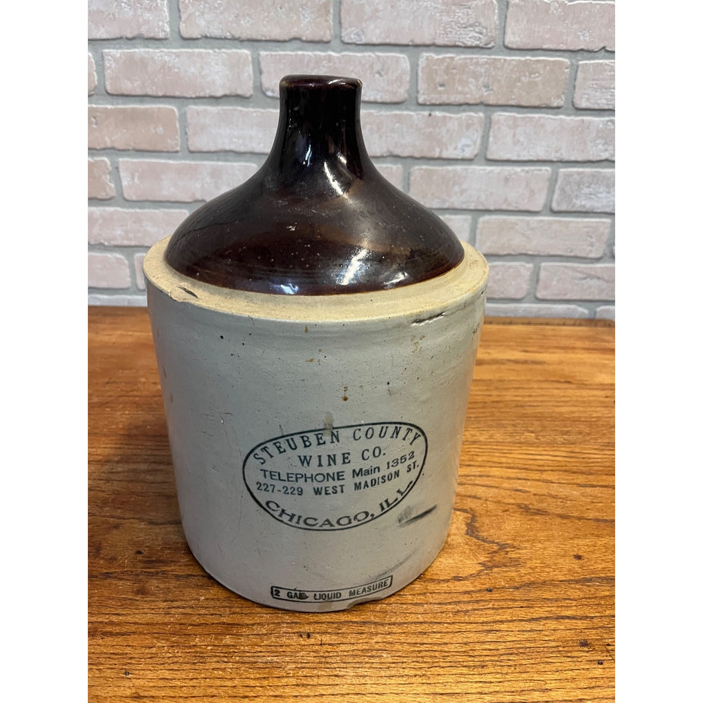 Antique Steuben County Wine Chicago IL Advertising 2 Gallon Stoneware Crock Jug