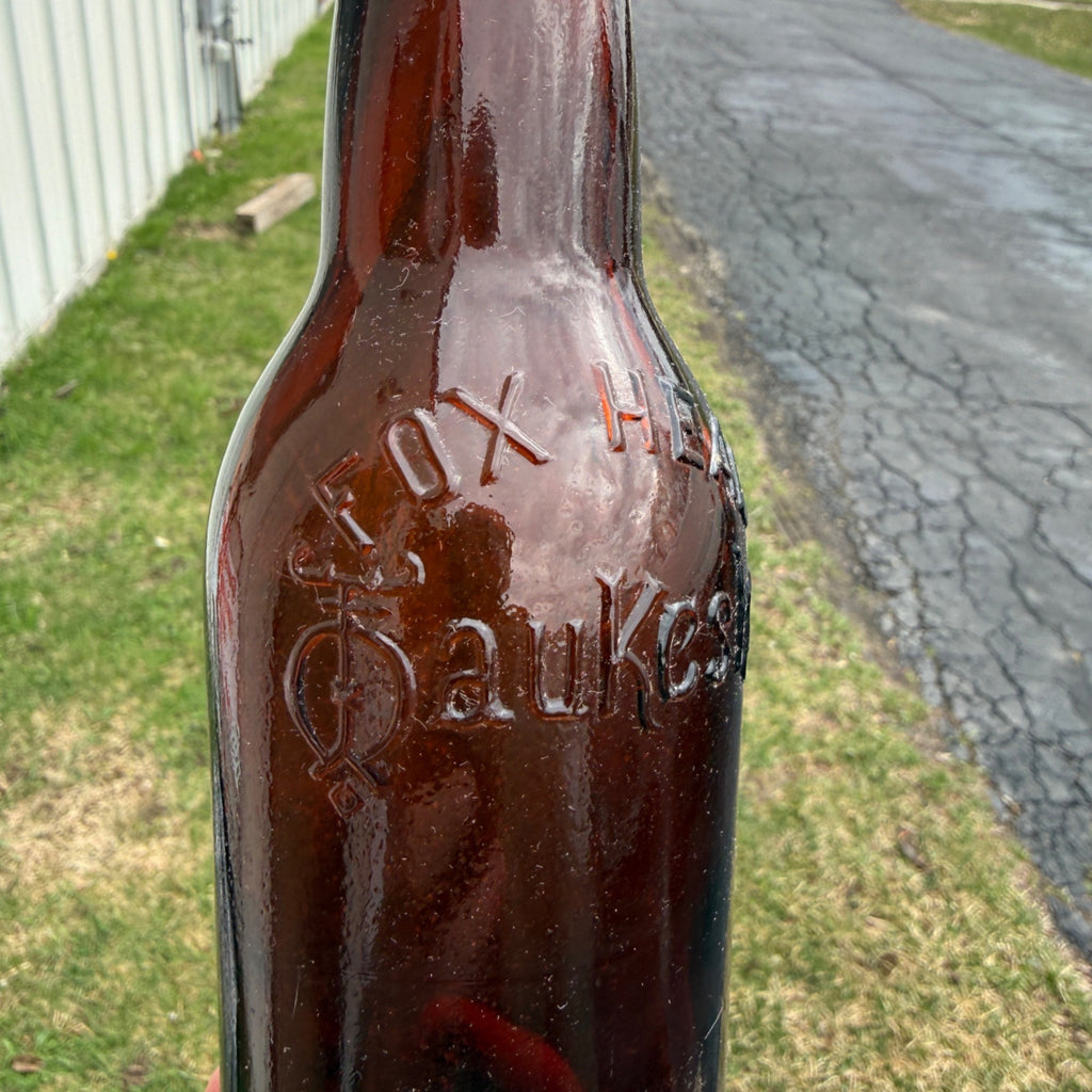 Vintage Pre-Pro Fox Head Waukesha Wisconsin Amber Embossed Beer Bottle WI Wis