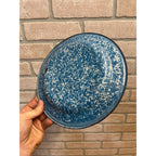 Antique Primitive Light Blue and White Swirl Enamel Graniteware Round Dinner Plate/Farmhouse Decor