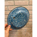 Antique Primitive Light Blue and White Swirl Enamel Graniteware Round Dinner Plate/Farmhouse Decor