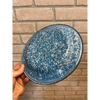 Antique Primitive Light Blue and White Swirl Enamel Graniteware Round Dinner Plate/Farmhouse Decor