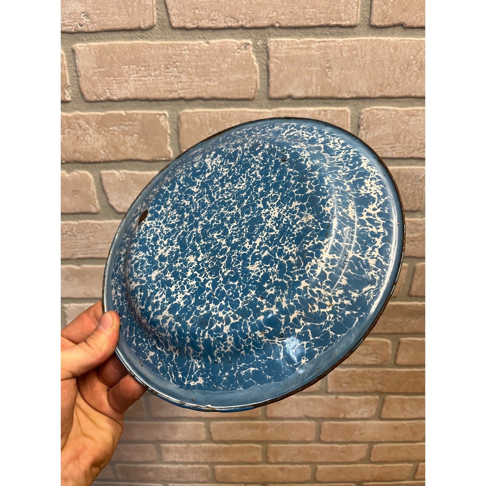 Antique Primitive Light Blue and White Swirl Enamel Graniteware Round Dinner Plate/Farmhouse Decor