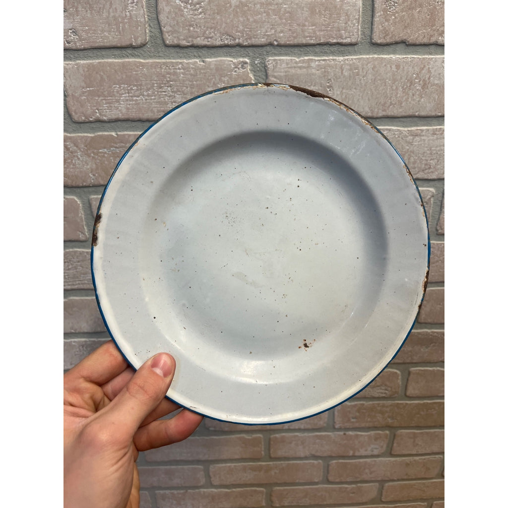 Antique Primitive Light Blue and White Swirl Enamel Graniteware Round Dinner Plate/Farmhouse Decor