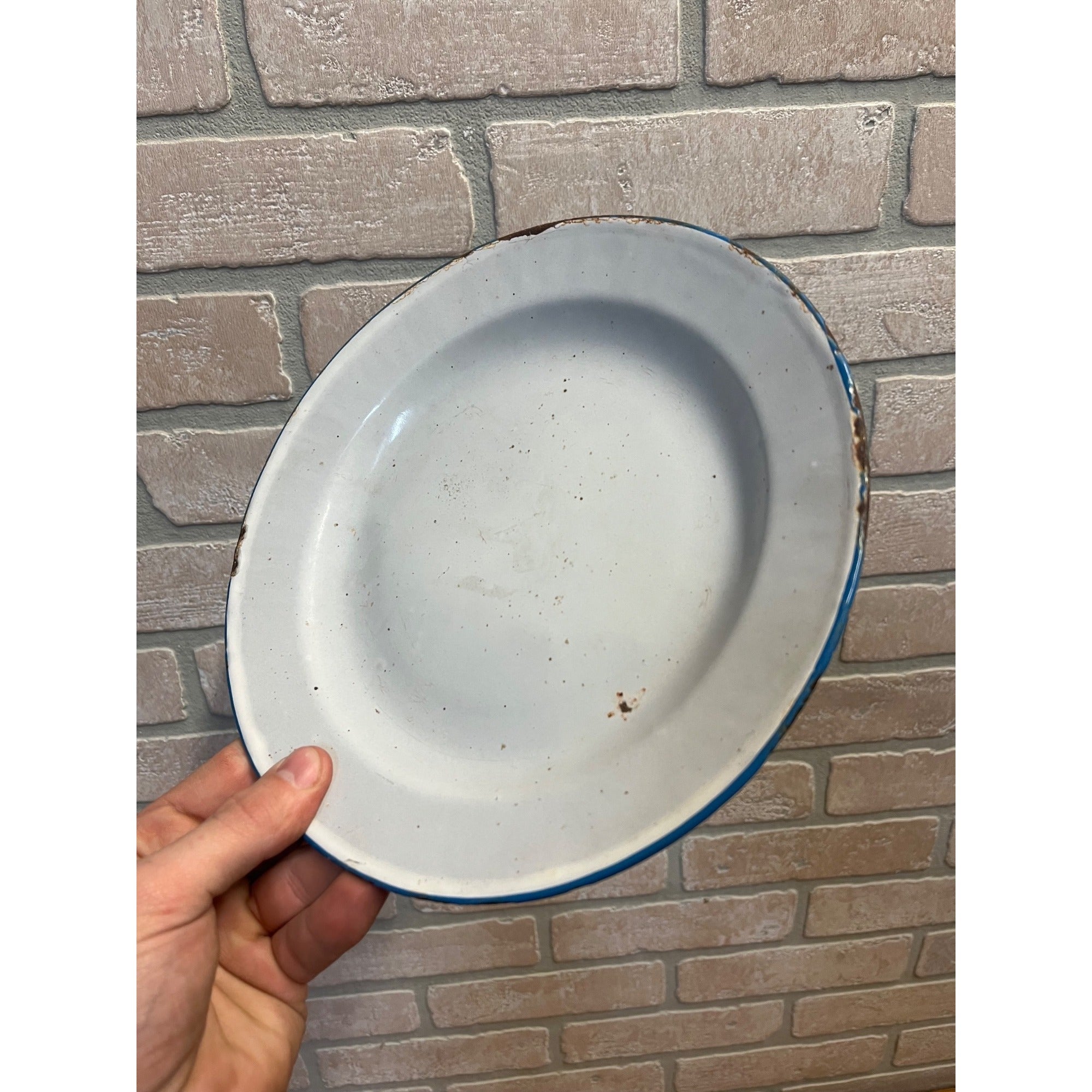Antique Primitive Light Blue and White Swirl Enamel Graniteware Round Dinner Plate/Farmhouse Decor