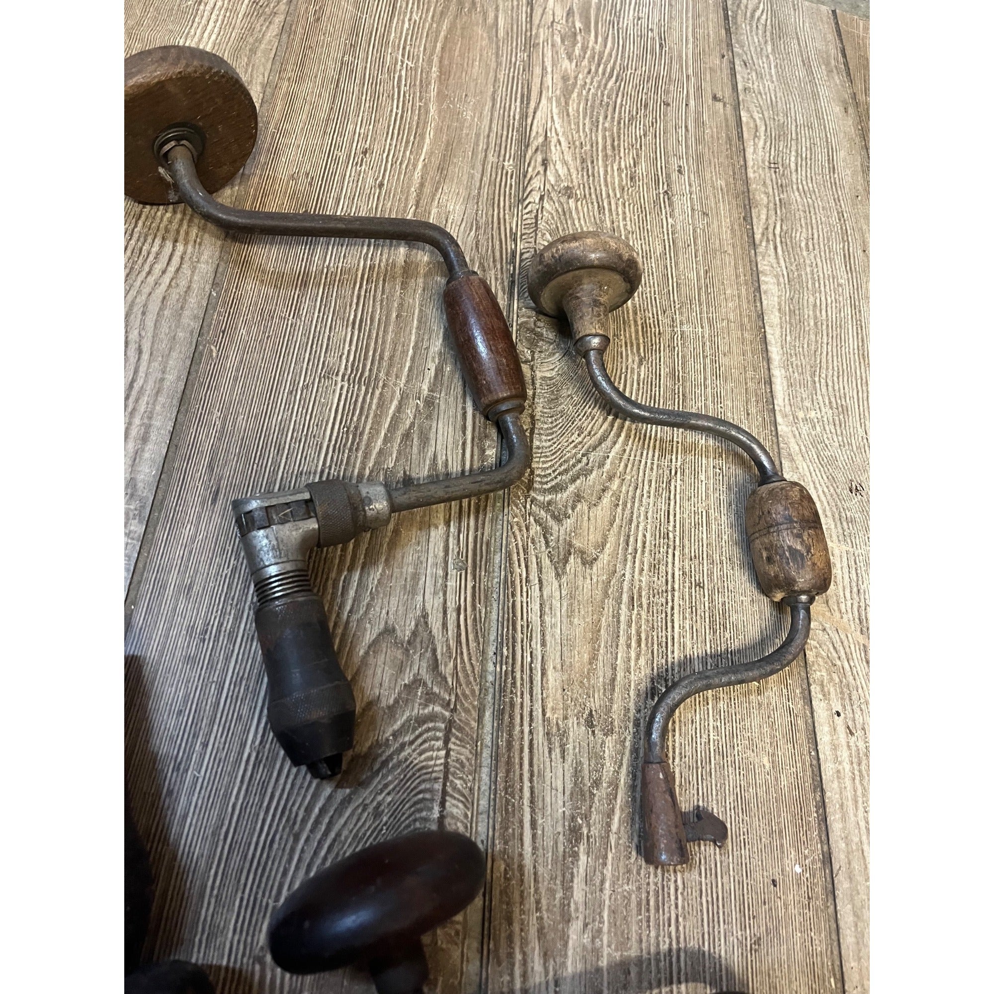 Antique Lot of (5) Angle Brace Drills Hand Crank Wooden Tool Wall Decor Lot