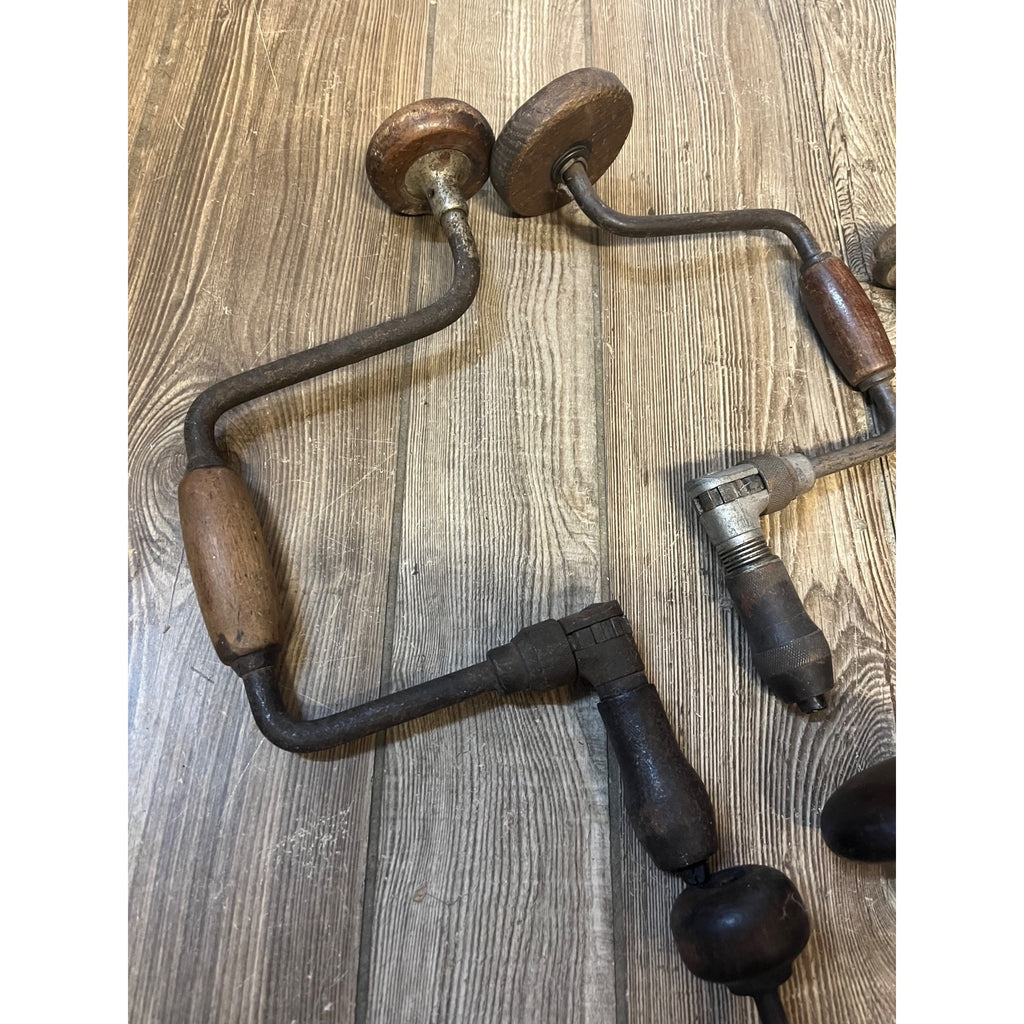 Antique Lot of (5) Angle Brace Drills Hand Crank Wooden Tool Wall Decor Lot