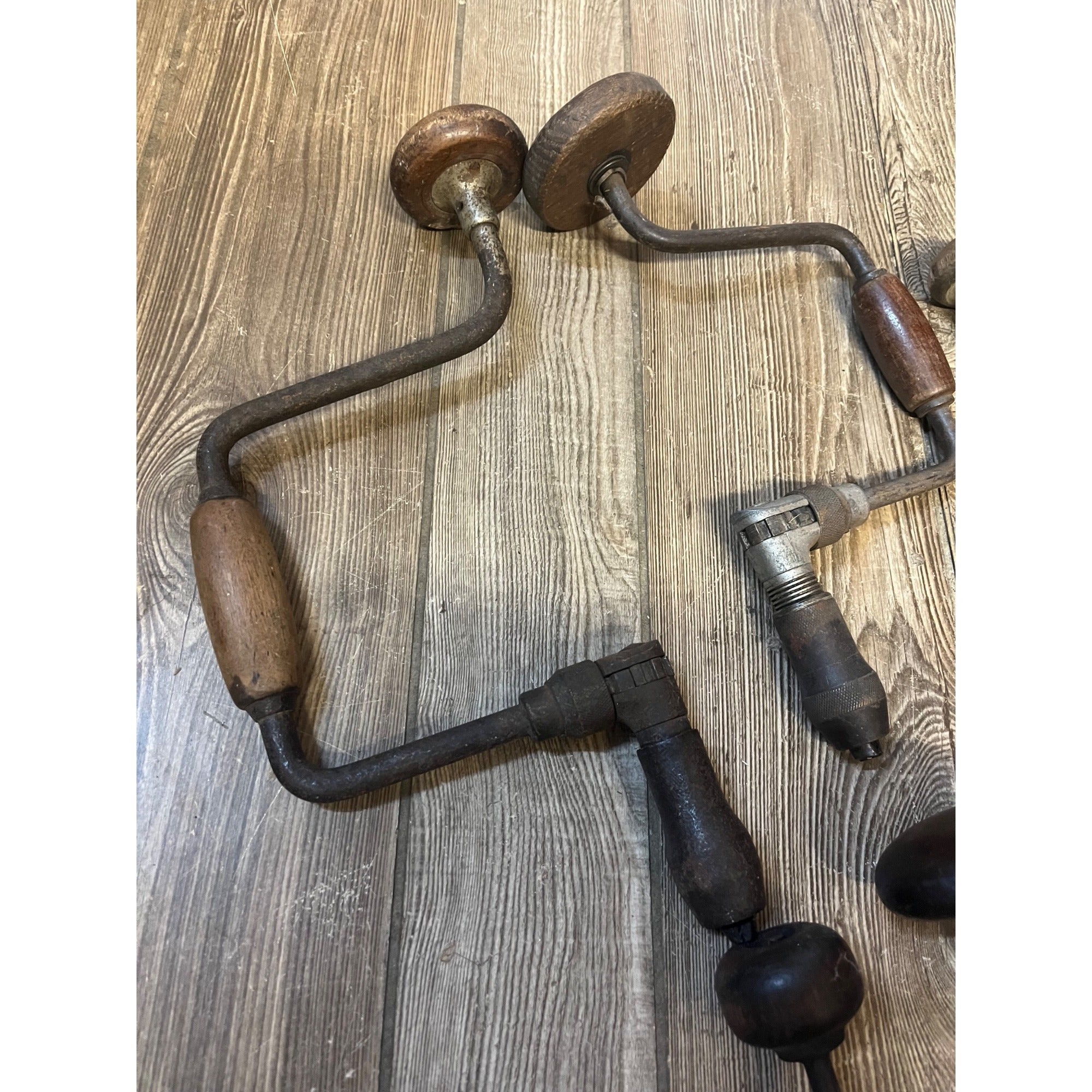 Antique Lot of (5) Angle Brace Drills Hand Crank Wooden Tool Wall Decor Lot