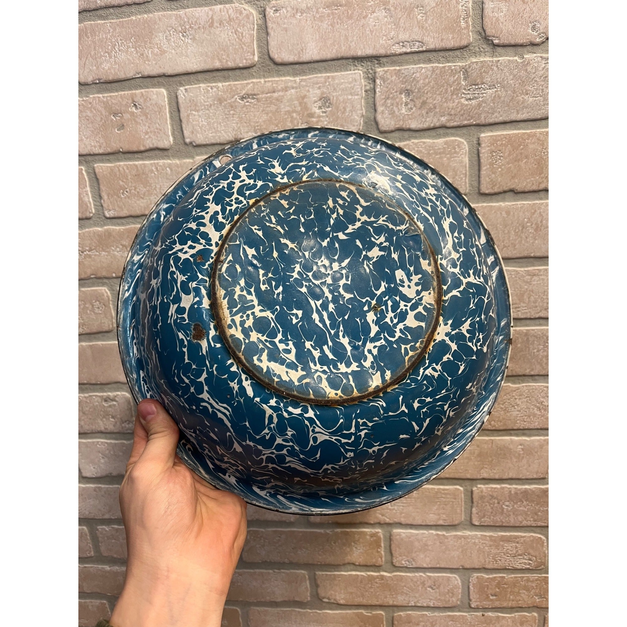 Antique Primitive Blue & White Swirl Enamelware 12.25" Farmhouse Bowl