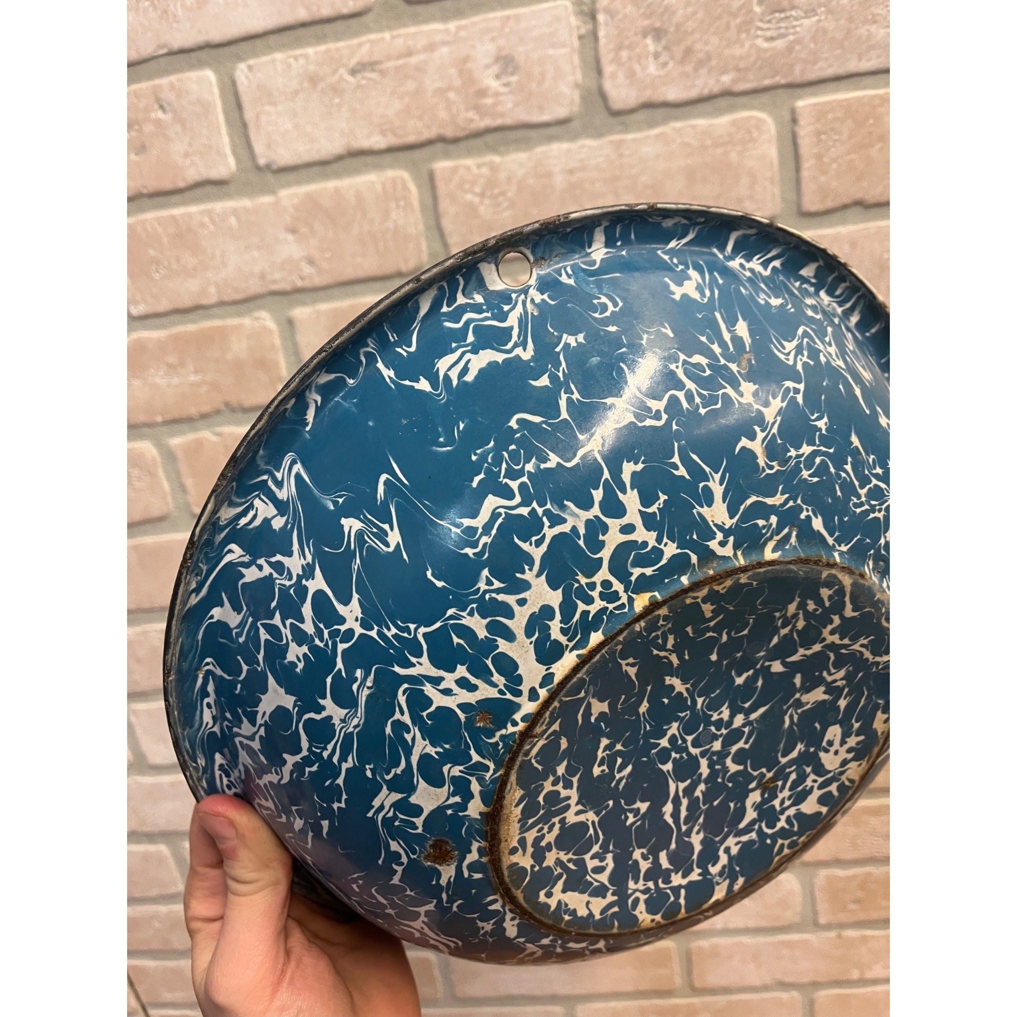 Antique Primitive Blue & White Swirl Enamelware 12.25" Farmhouse Bowl