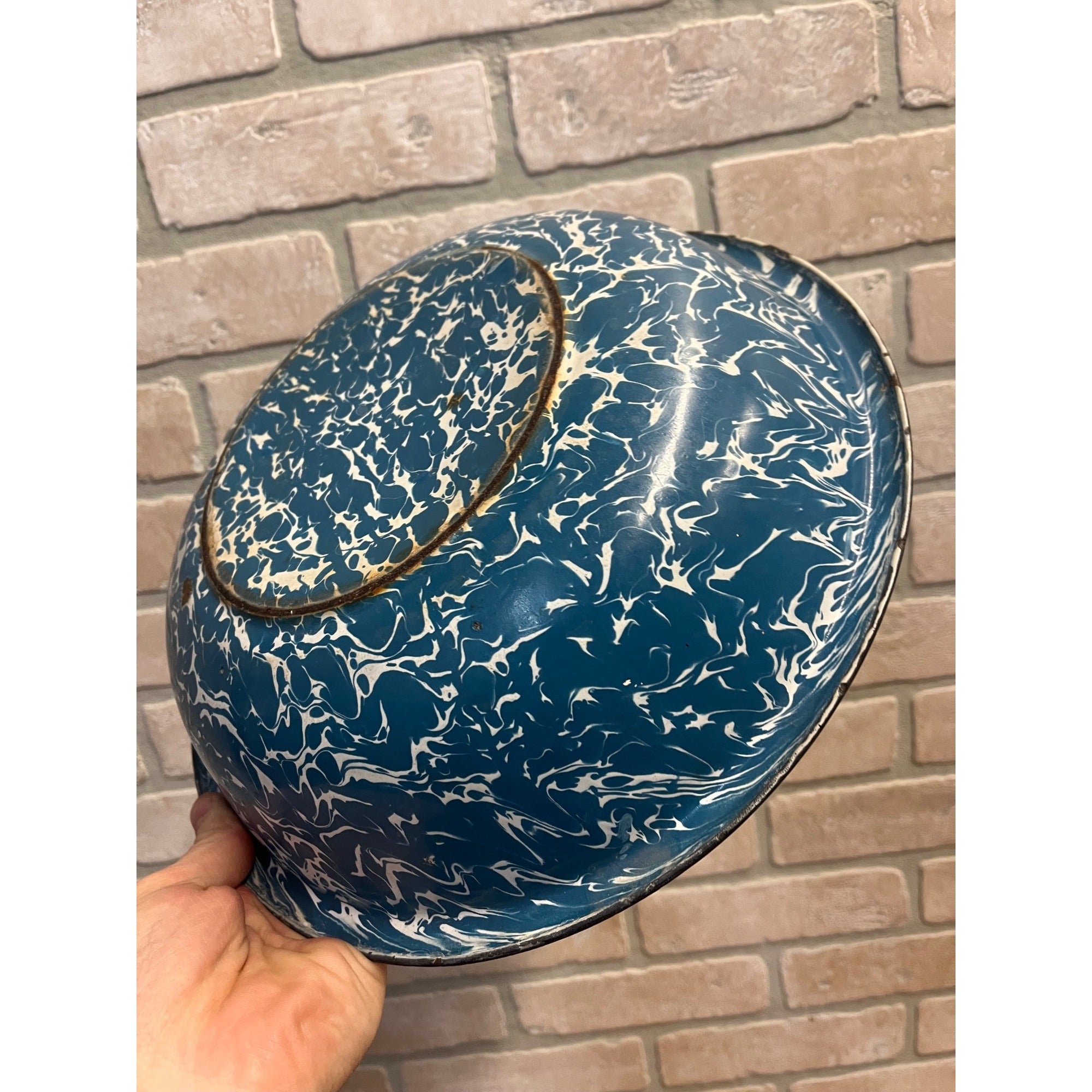 Antique Primitive Blue & White Swirl Enamelware 12.25" Farmhouse Bowl