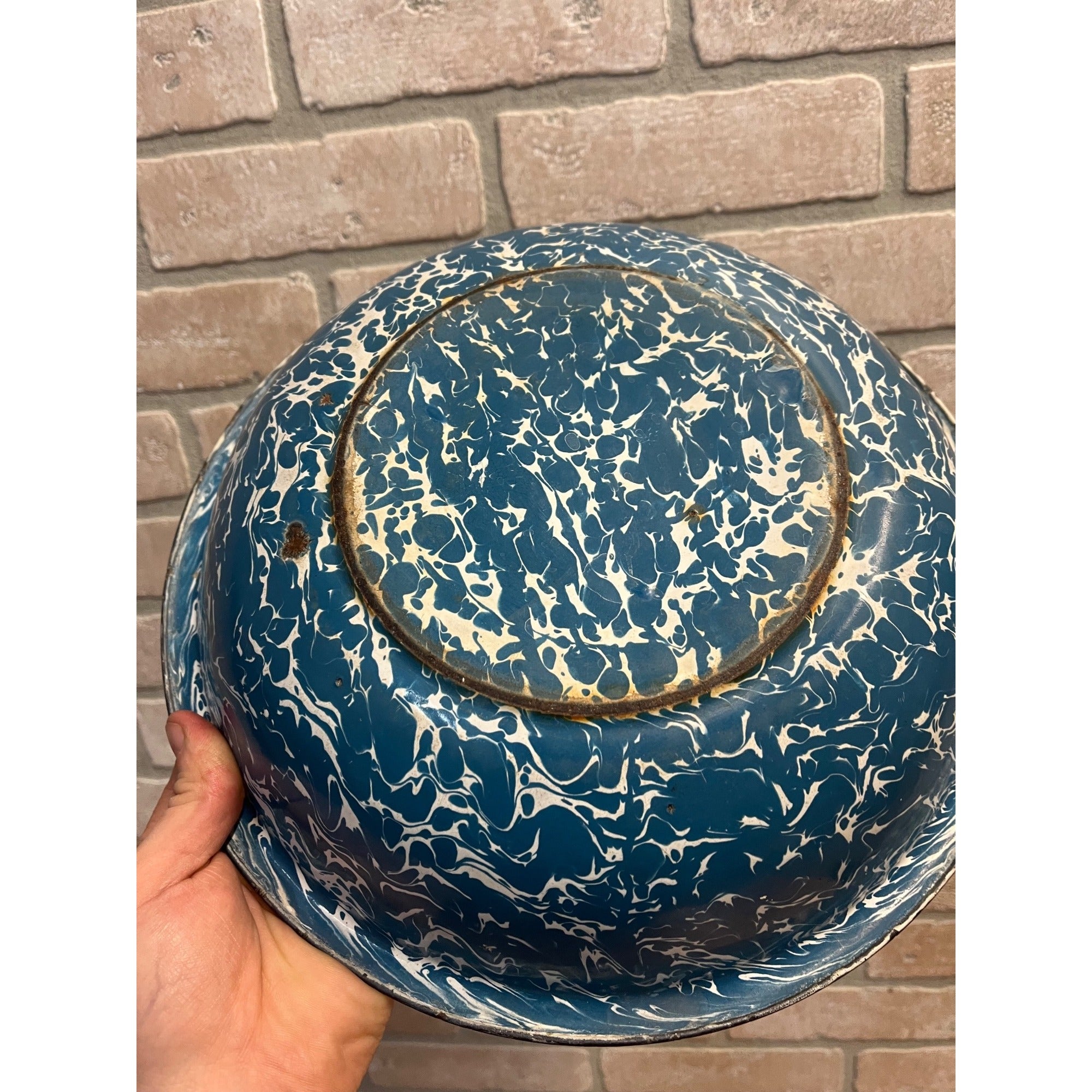 Antique Primitive Blue & White Swirl Enamelware 12.25" Farmhouse Bowl