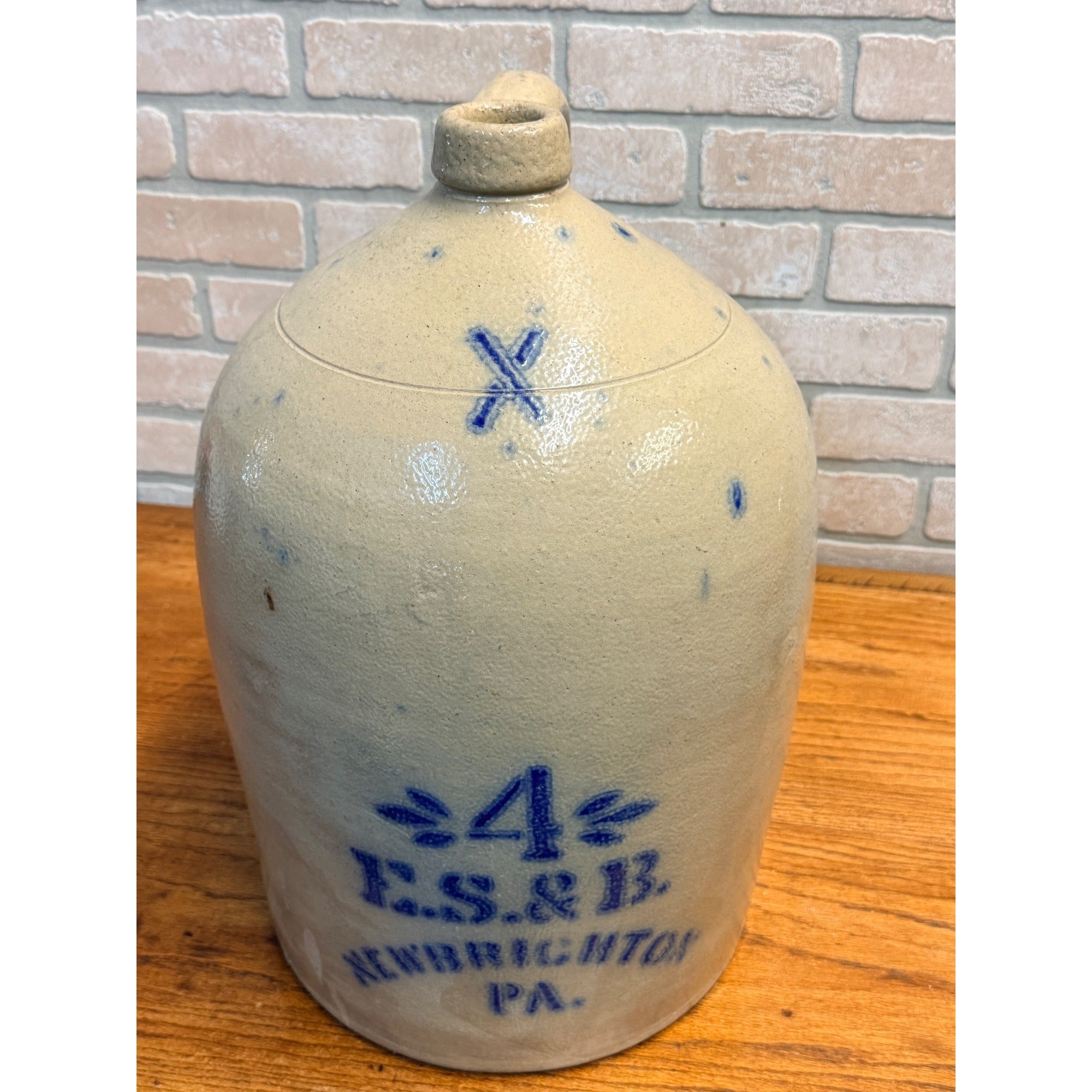 Primitive 19th c. Salt Glazed Stoneware Jug E.S. & B Cobalt Newbrighton PA 4 Gal