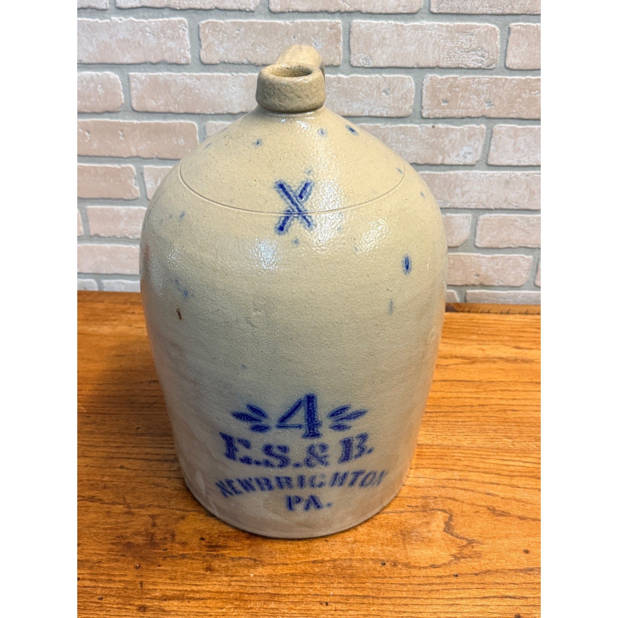 Primitive 19th c. Salt Glazed Stoneware Jug E.S. & B Cobalt Newbrighton PA 4 Gal