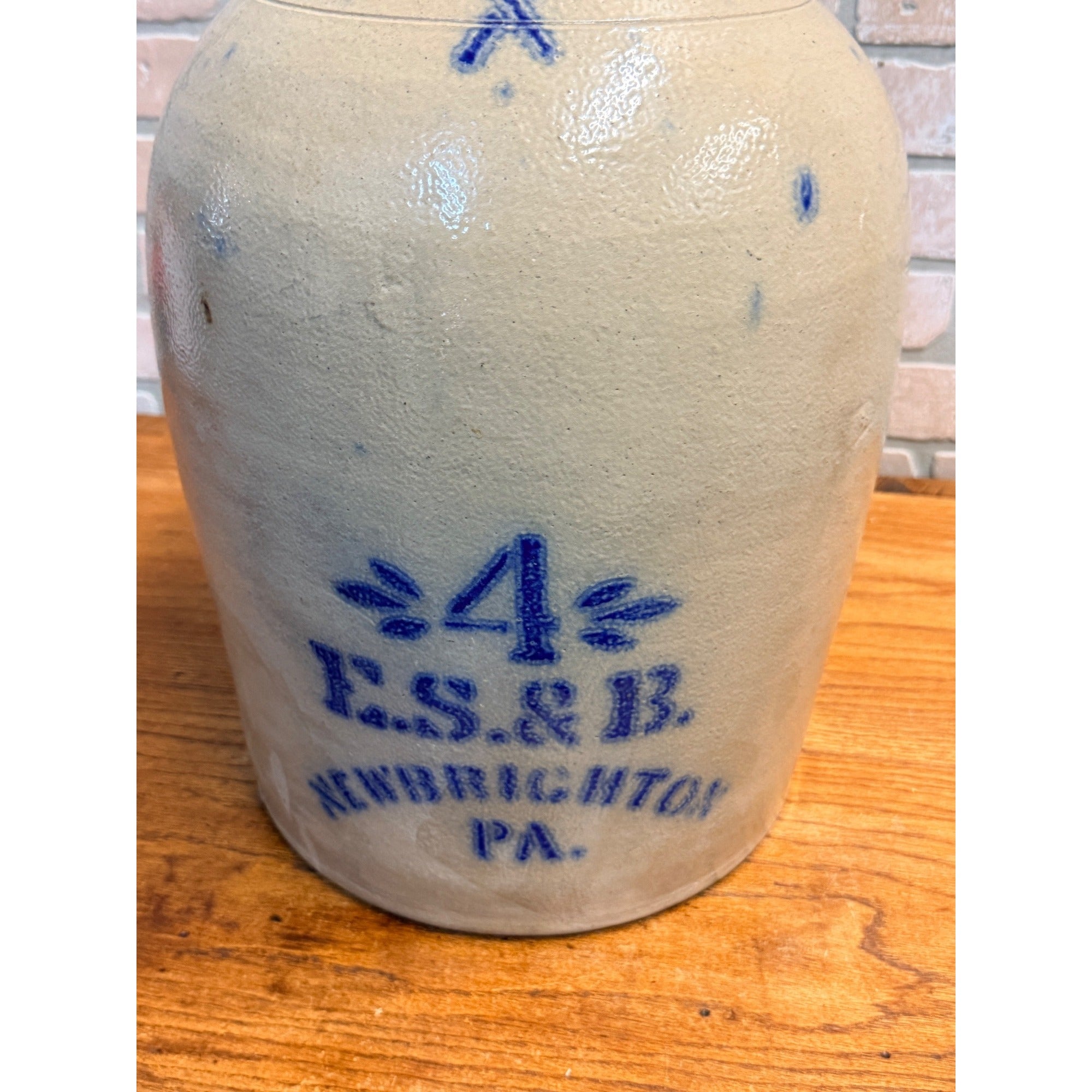 Primitive 19th c. Salt Glazed Stoneware Jug E.S. & B Cobalt Newbrighton PA 4 Gal