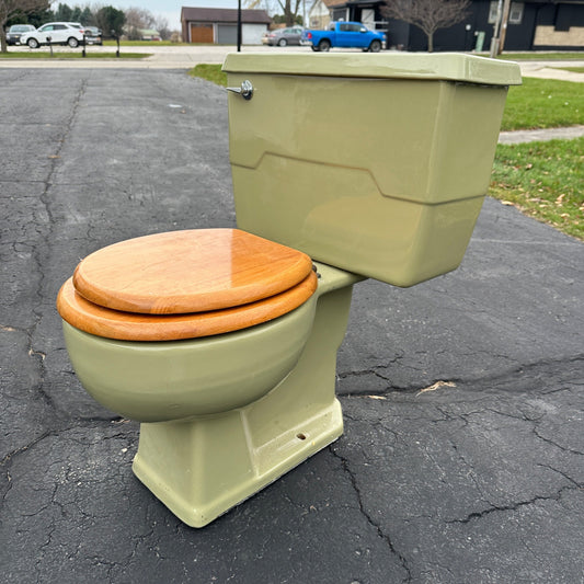 Vintage Mid-Century MCM Avocado Green Toilet w/ Wood Seat