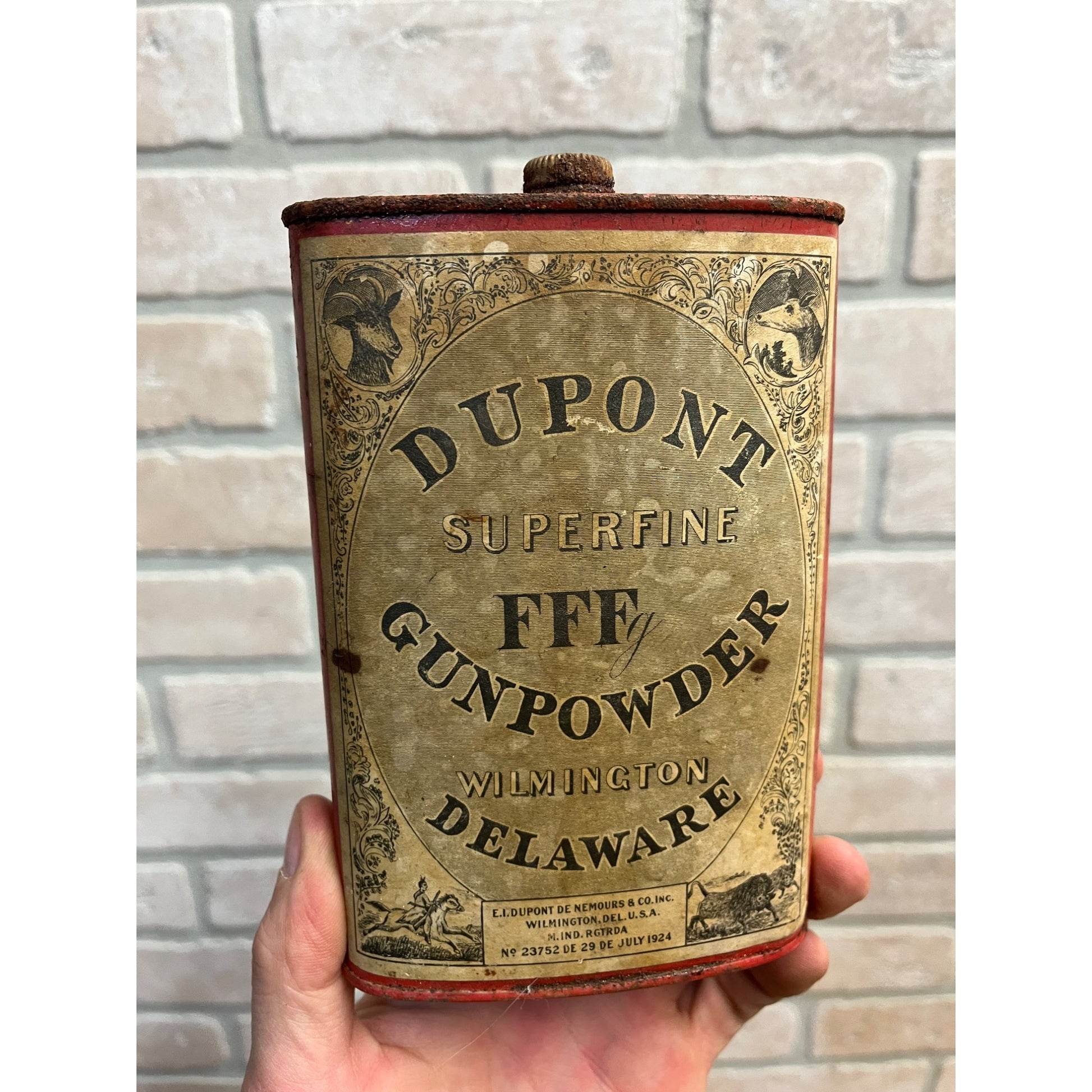 Vintage Dupont FFF Superfine 1LB Gun Powder Can EMPTY Advertising Red