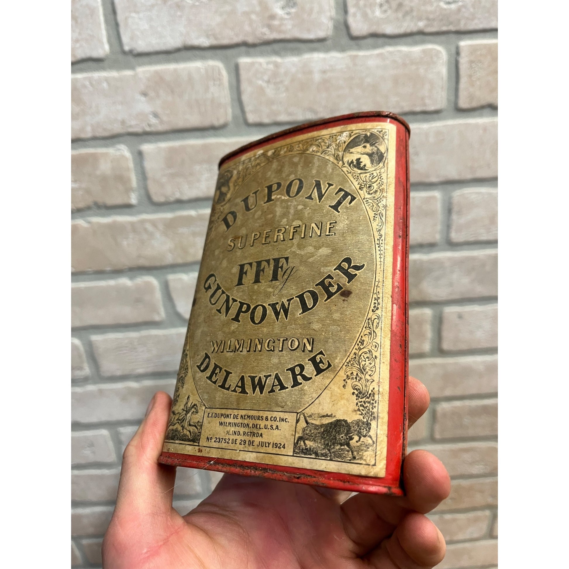 Vintage Dupont FFF Superfine 1LB Gun Powder Can EMPTY Advertising Red