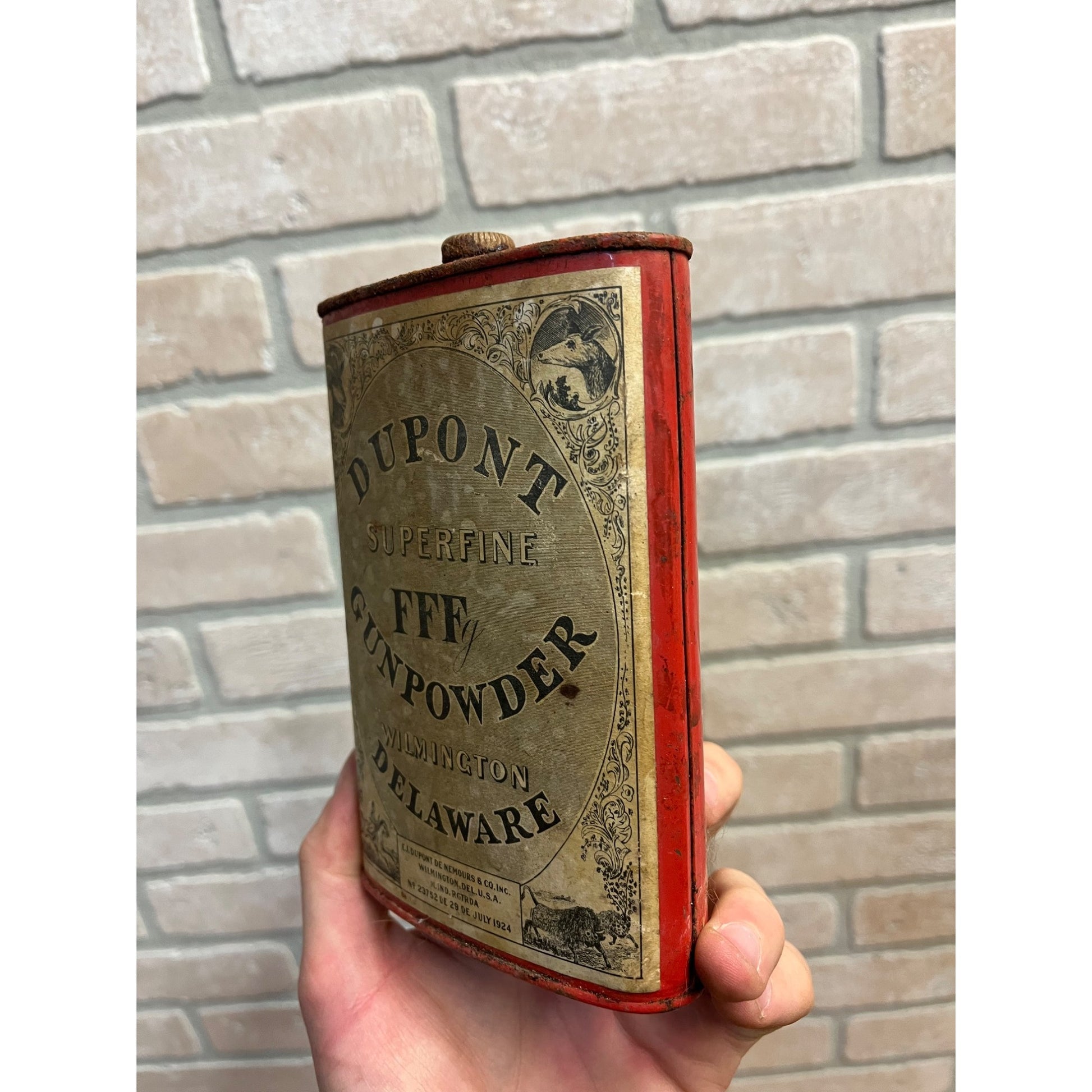 Vintage Dupont FFF Superfine 1LB Gun Powder Can EMPTY Advertising Red