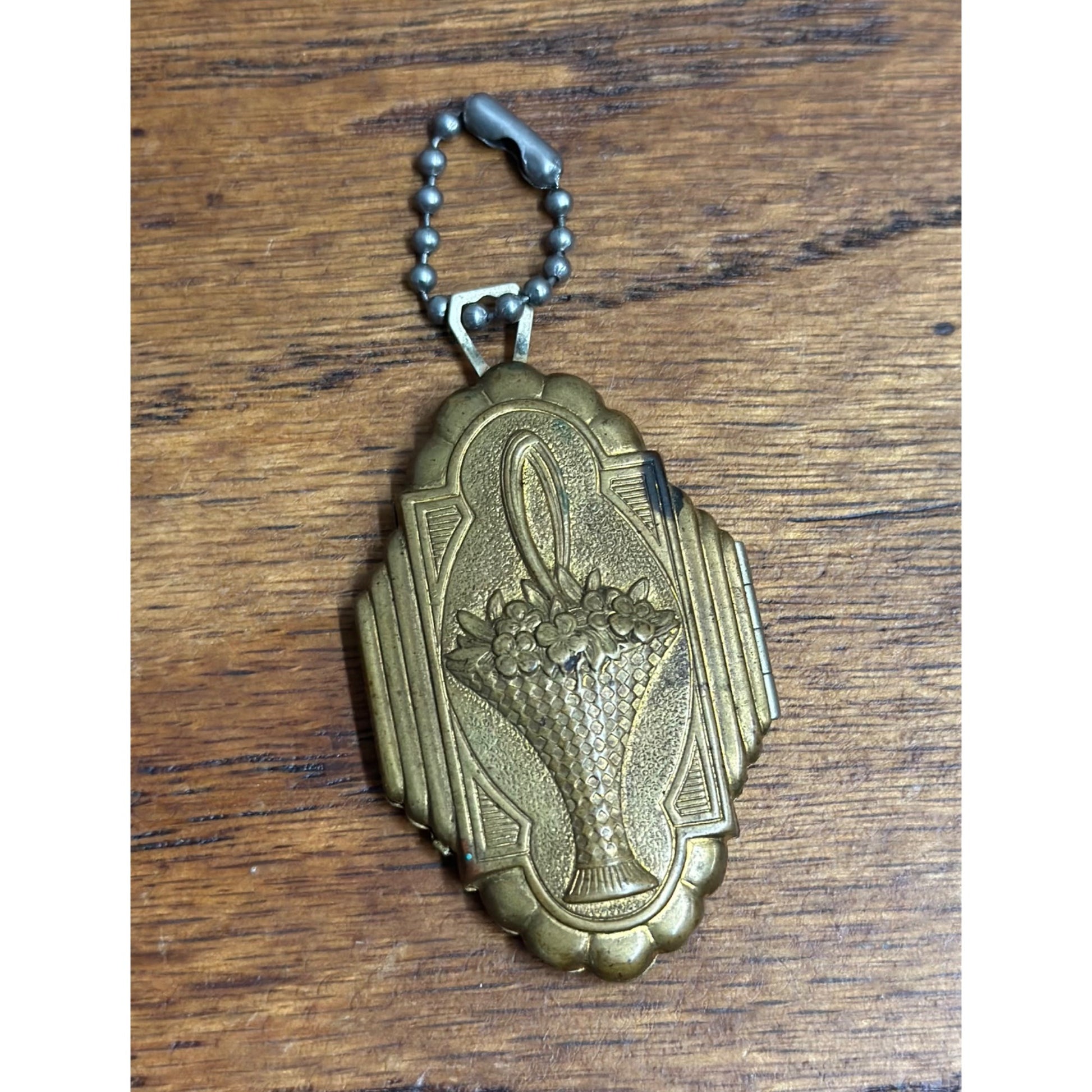 Antique Brass Art Nouveau Locket Pendant Flower Basket c1920s
