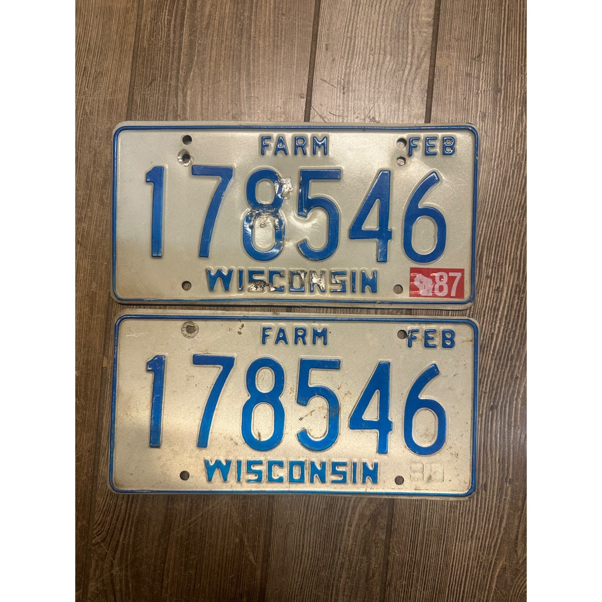 Vintage 1987 Wisconsin Embossed License Plate Blue White Farm Pair