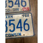Vintage 1987 Wisconsin Embossed License Plate Blue White Farm Pair