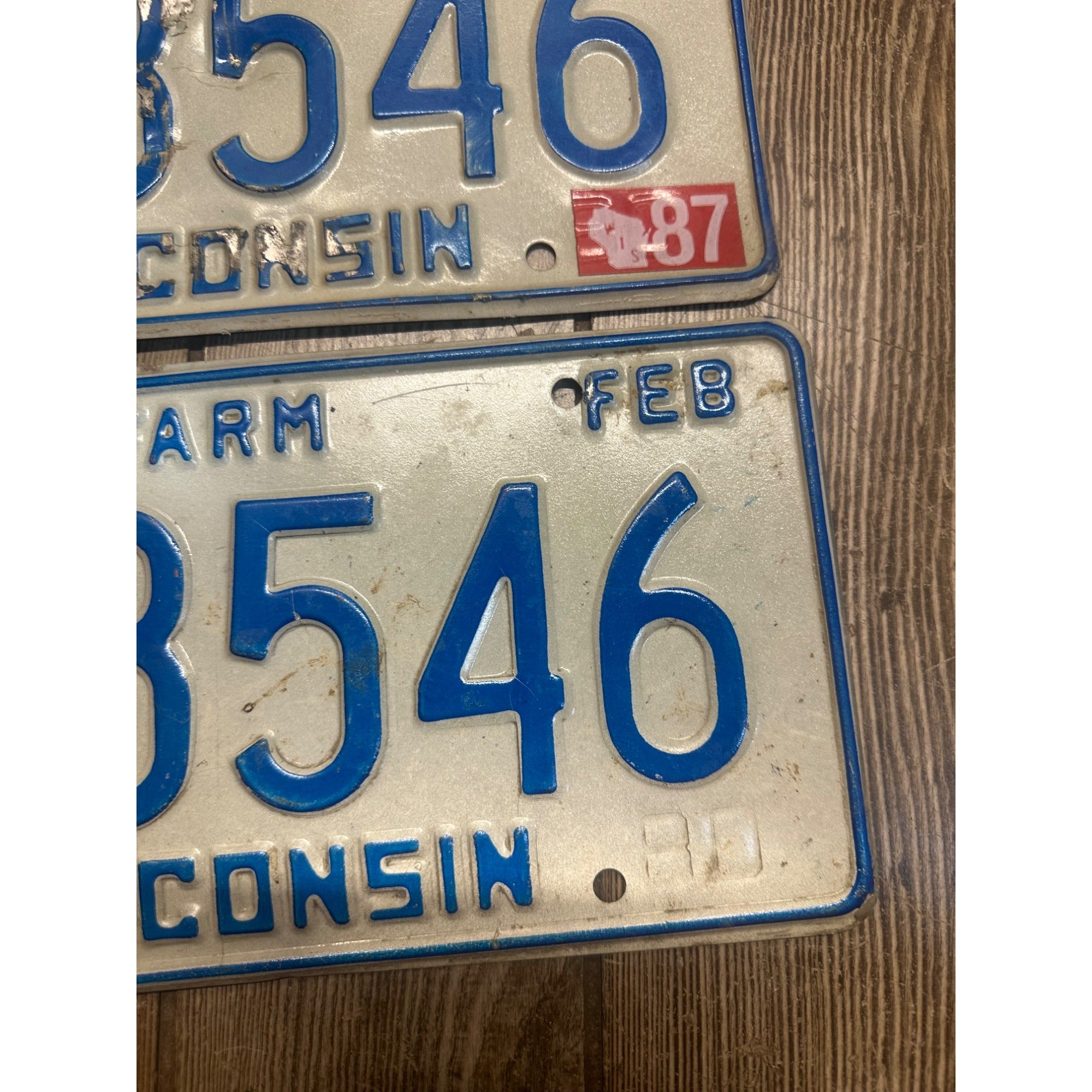 Vintage 1987 Wisconsin Embossed License Plate Blue White Farm Pair